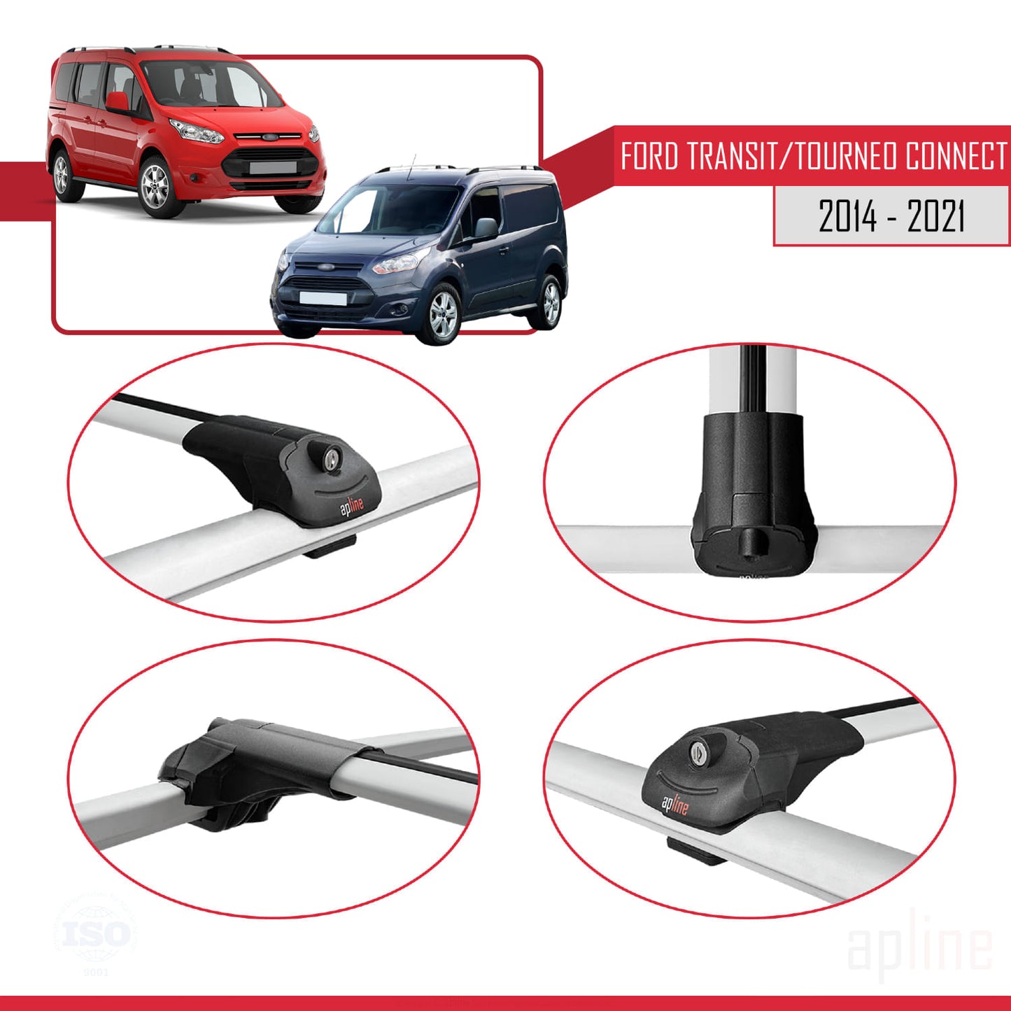 Compatible avec Ford Transit/Tourneo Connect 2 2014-2021 ACE-1 Barres de Toit Railing Porte-Bagages de Voiture Gris Aluminium 3 Barres