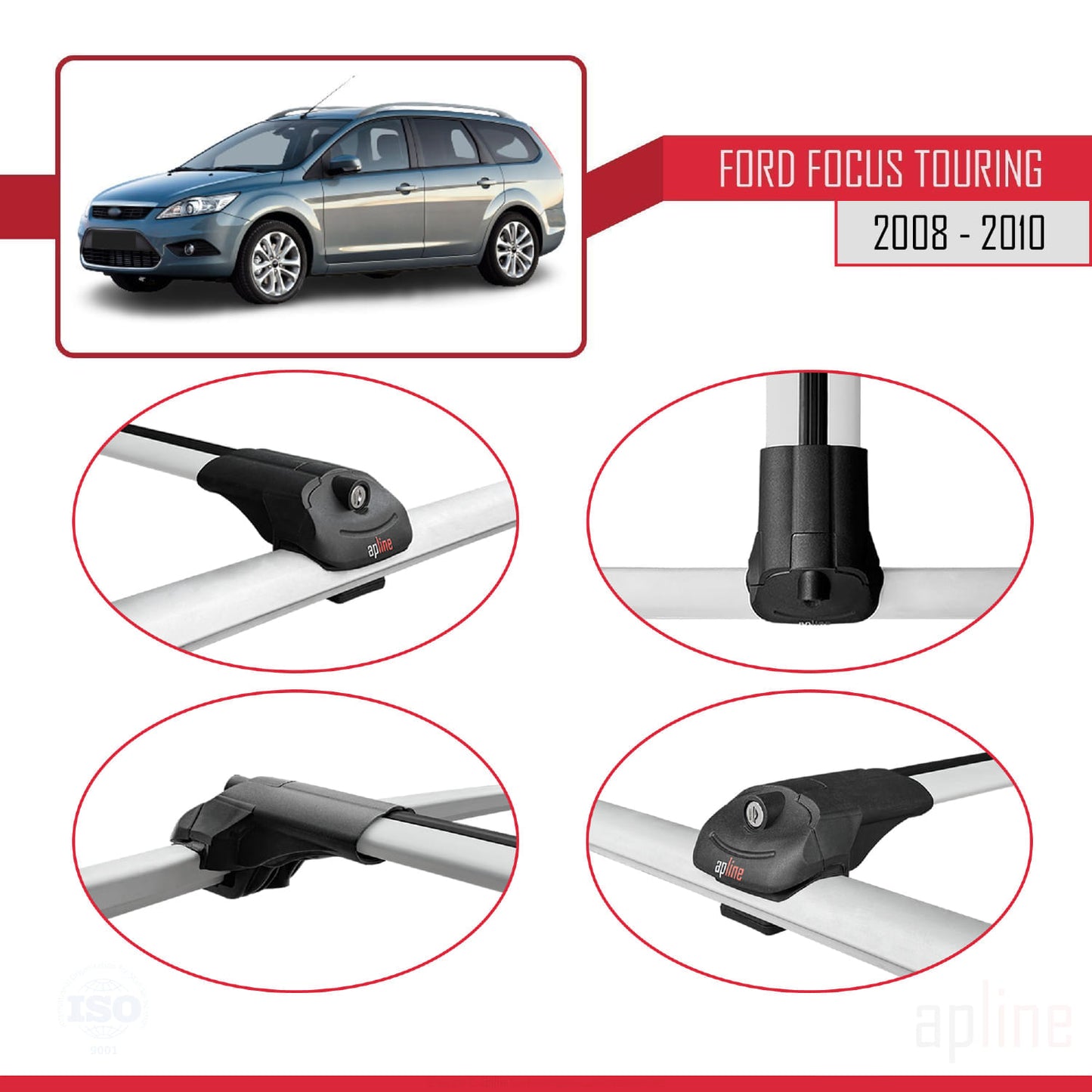Compatible con Ford Focus 2 (C307) Turnier Post-Facelift 2008-2010 ACE-1 Barras de Techo Auto Portaequipajes Barras Transversales Gris Aluminio 2 Barras