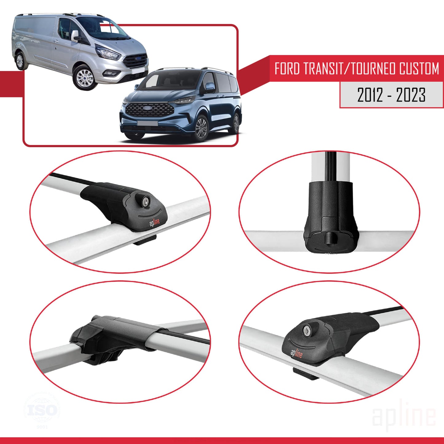 ACE-1 Dakdrager bagagedrager compatibel met Ford Transit/Tourneo Custom 2012-2023 Spoorstaven Grijs Aluminium 2 Staven