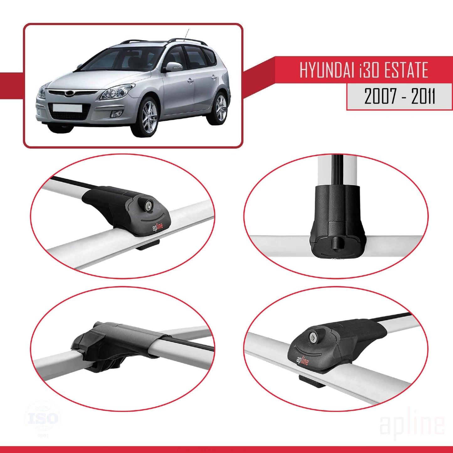 Compatible avec Hyundai i30 (FD) Break 2007-2011 ACE-1 Barres de Toit Railing Porte-Bagages de Voiture Gris Aluminium 2 Barres