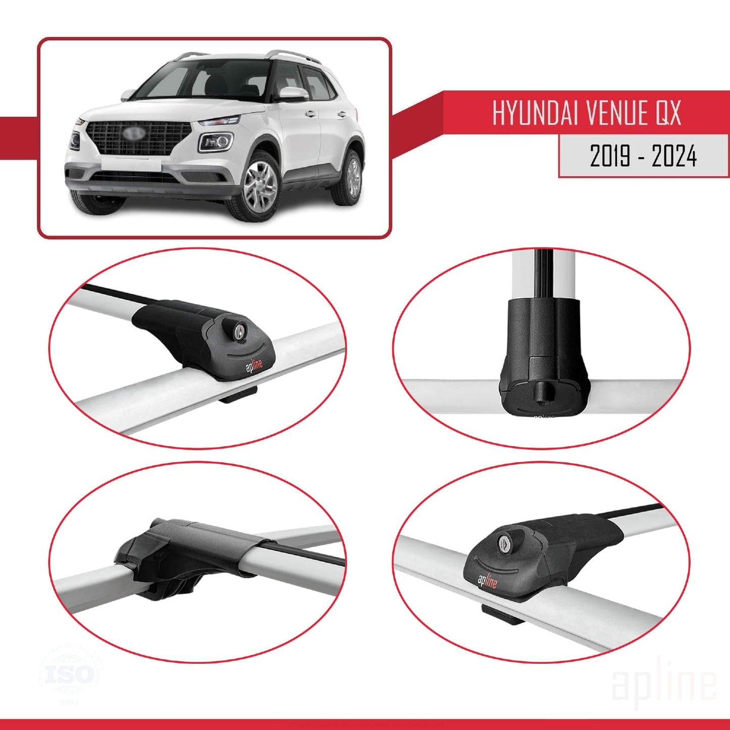 Compatible avec Hyundai Venue (QX) 2019-2024 ACE-1 Barres de Toit Railing Porte-Bagages de Voiture Gris Aluminium 3 Barres