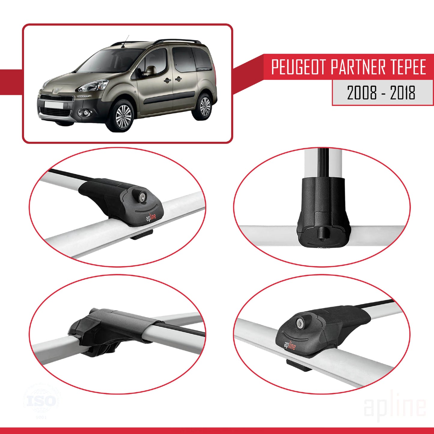 Compatible avec Peugeot Partner 2 Tepee 2008-2018 ACE-1 Barres de Toit Railing Porte-Bagages de Voiture Gris Aluminium 2 Barres