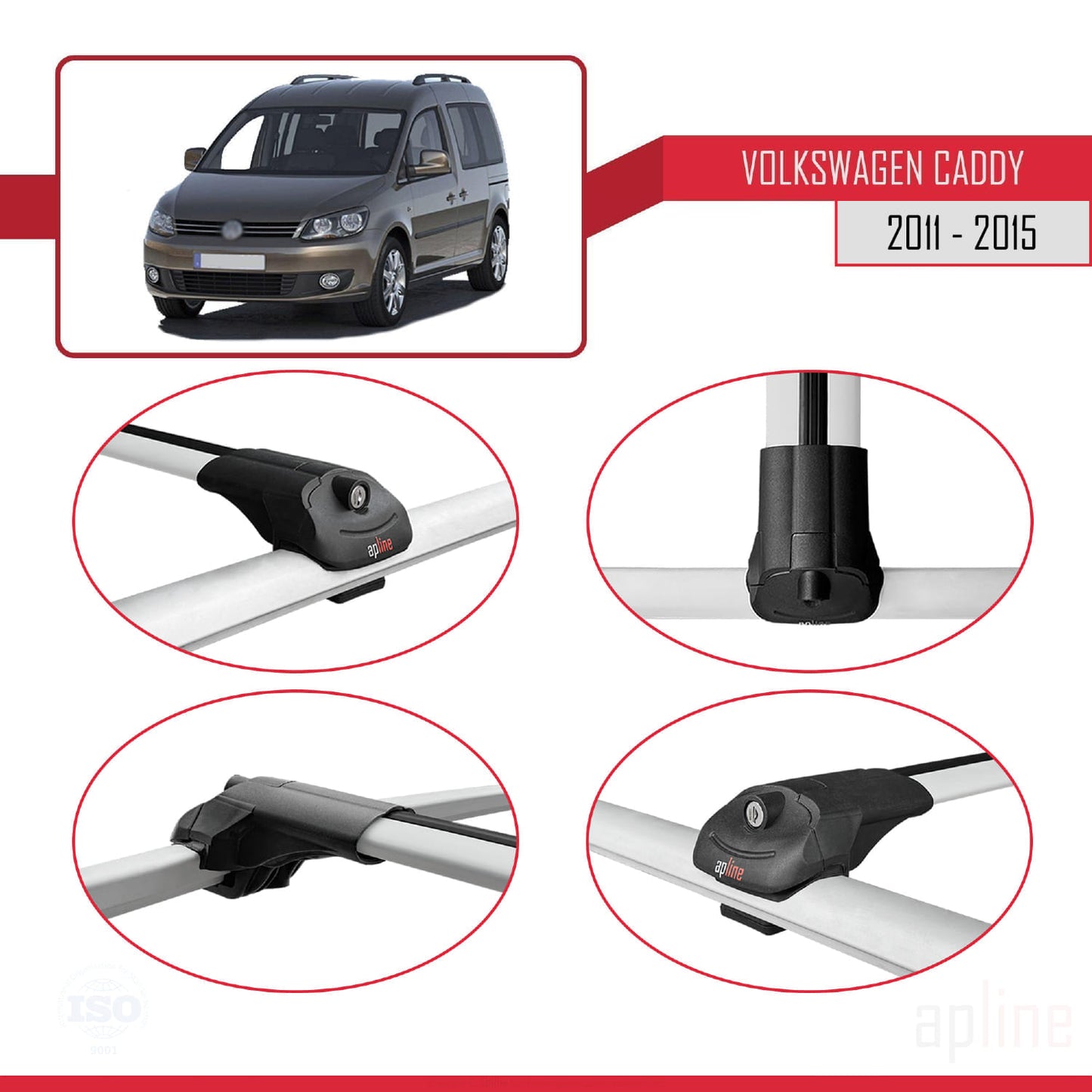 Compatible avec Volkswagen Caddy 3 (2K) 2011-2015 ACE-1 Barres de Toit Railing Porte-Bagages de Voiture Gris Aluminium 2 Barres