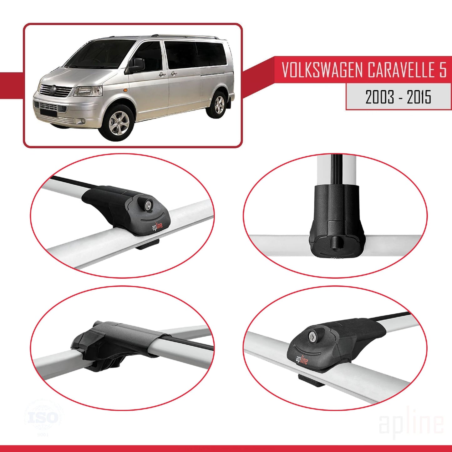 ACE-1 Dakdrager bagagedrager compatibel met Volkswagen T5 Caravelle 2003-2015 Spoorstaven Grijs Aluminium 3 Staven