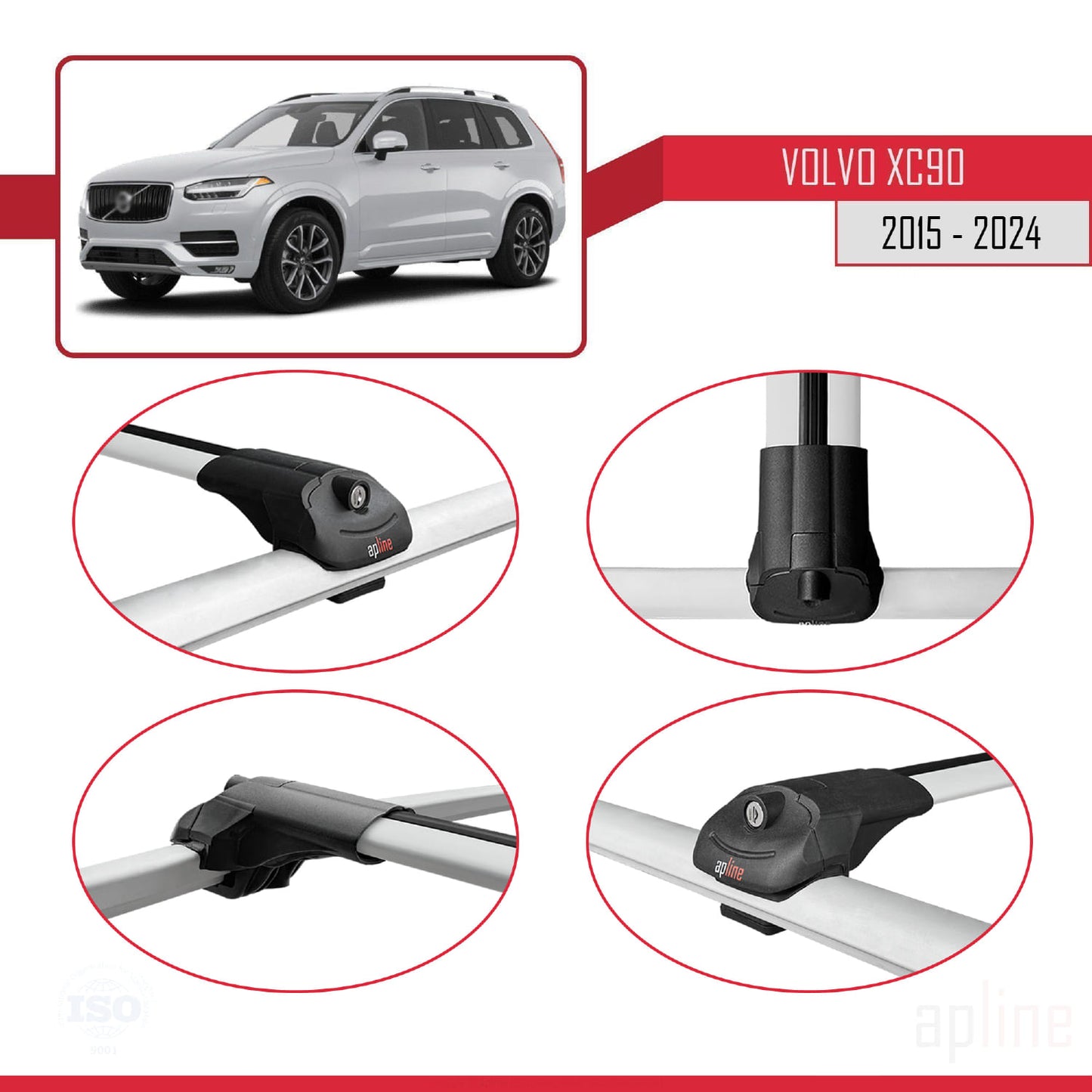 Compatibile con Volvo XC90 II 2015-2025 ACE-1 Barre Tetto Portapacchi Auto Barre Portatutto Grigo Alluminio 3 Barre