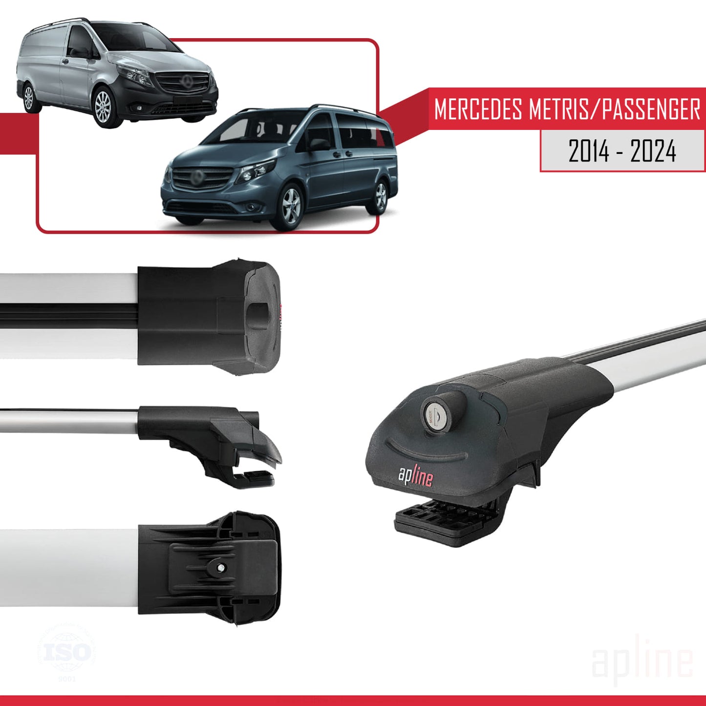 Compatible avec Mercedes Metris (W447) 2014-2025 ACE-1 Barres de Toit Railing Porte-Bagages de Voiture Gris Aluminium 4 Barres