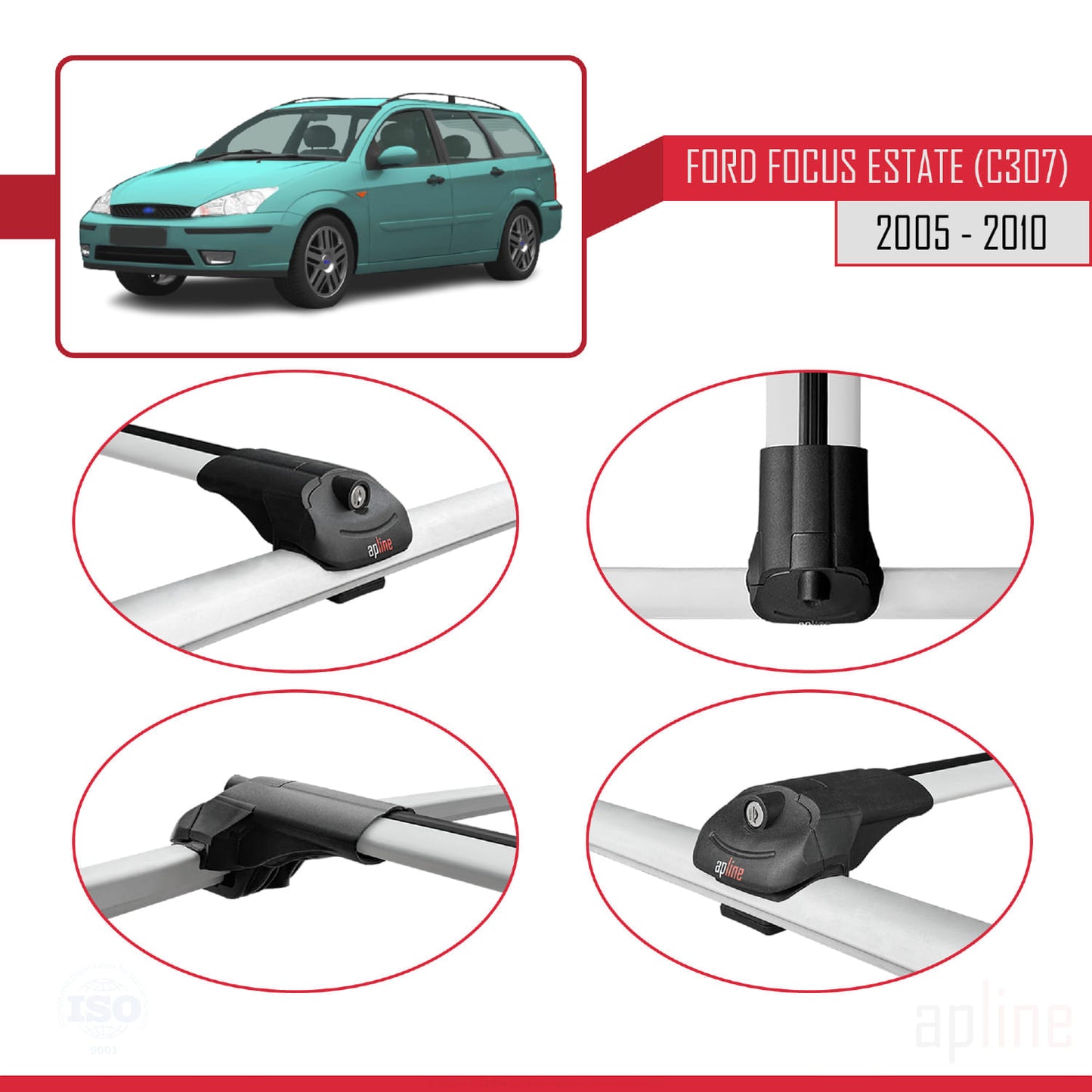 Compatible avec Ford Focus 2 (C307) Break 2005-2010 ACE-1 Barres de Toit Railing Porte-Bagages de Voiture Gris Aluminium 2 Barres