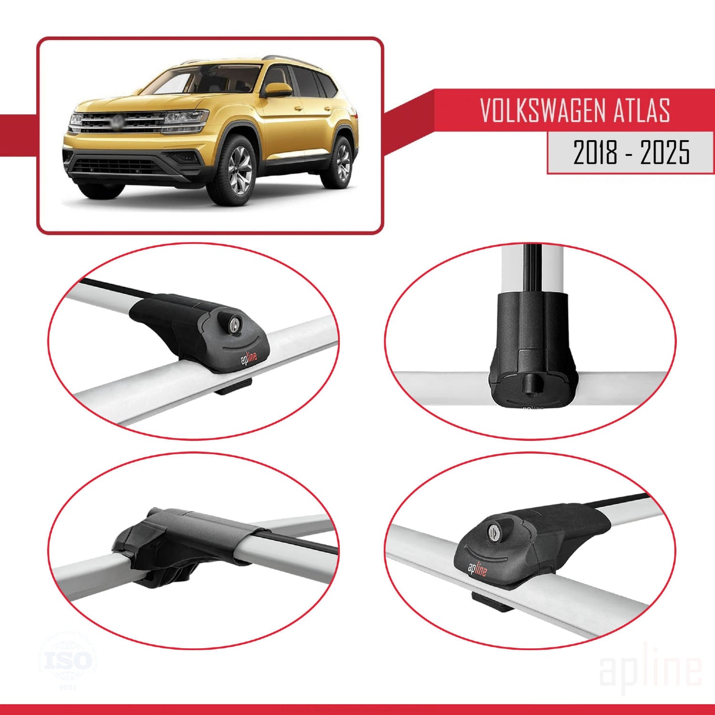 Compatible avec Volkswagen Atlas (CA1) 2018-2025 ACE-1 Barres de Toit Railing Porte-Bagages de Voiture Gris Aluminium 2 Barres