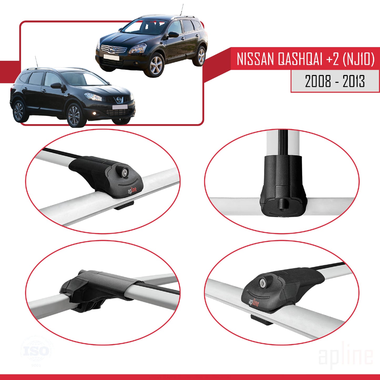 Compatibile con Nissan Qashqai +2 (NJ10) 2008-2013 ACE-1 Barre Tetto Portapacchi Auto Barre Portatutto Grigo Alluminio 2 Barre