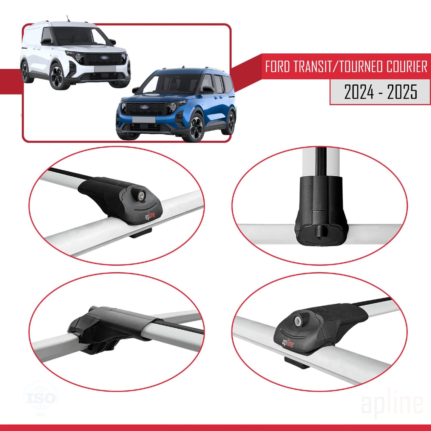 Compatible avec Ford Transit / Tourneo Courier 2024-2025 ACE-1 Barres de Toit Railing Porte-Bagages de Voiture Gris Aluminium 3 Barres