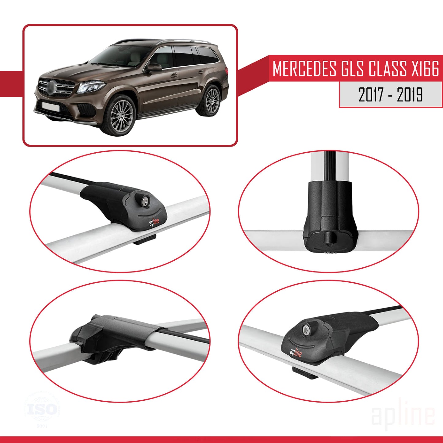 Compatible avec Mercedes GLS Class X166 2017-2019 ACE-1 Barres de Toit Railing Porte-Bagages de Voiture Gris Aluminium 2 Barres