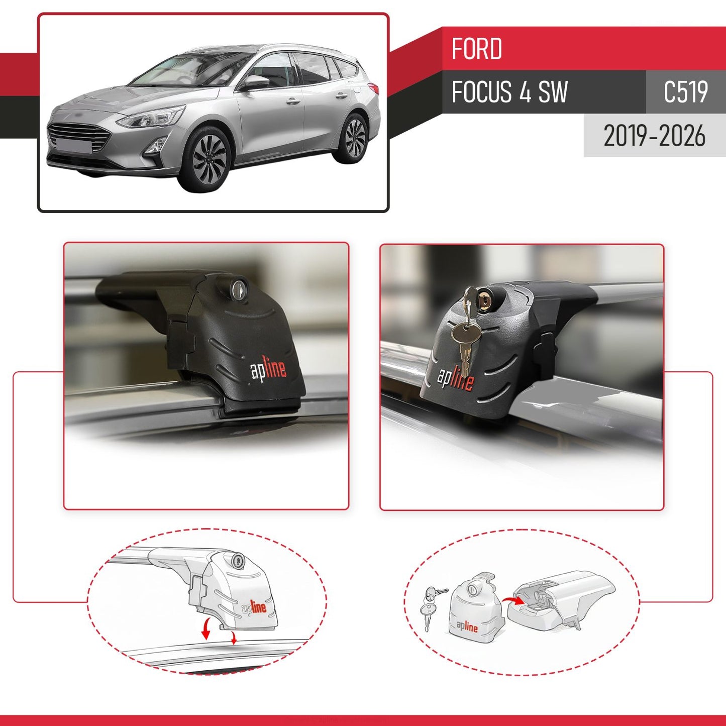 Compatible con Ford Focus 4 (C519) Familiar 2019-2025 ACE-2 Barras de Techo Auto Portaequipajes Barras Transversales Gris Aluminio 2 Barras