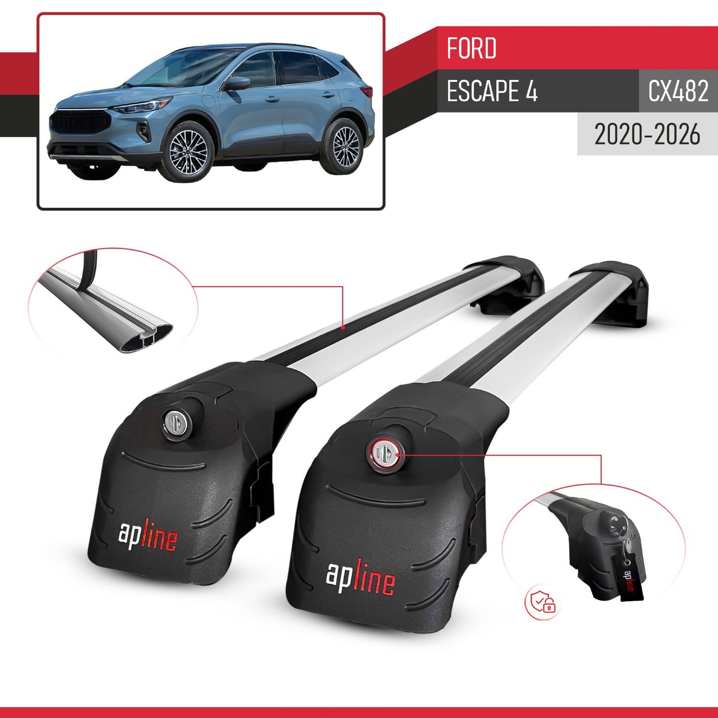 Kompatibel mit Ford Escape 4 (CX482) 2020-2025 ACE-2 Relingträger Dachträger Auto Gepäckträger Grau Aluminium 2 Stangen