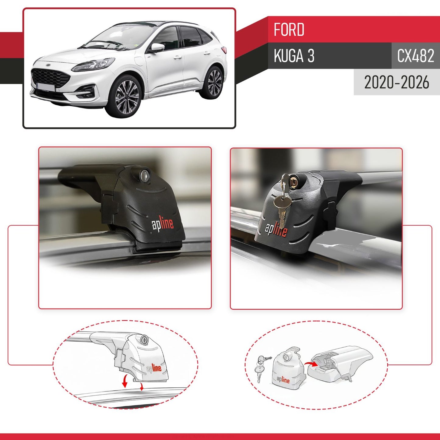 Compatible avec Ford Kuga 3 (CX482) 2020-2026 ACE-2 modèle Barres de Toit Railing Porte-Bagages de Voiture Gris Aluminium Barres