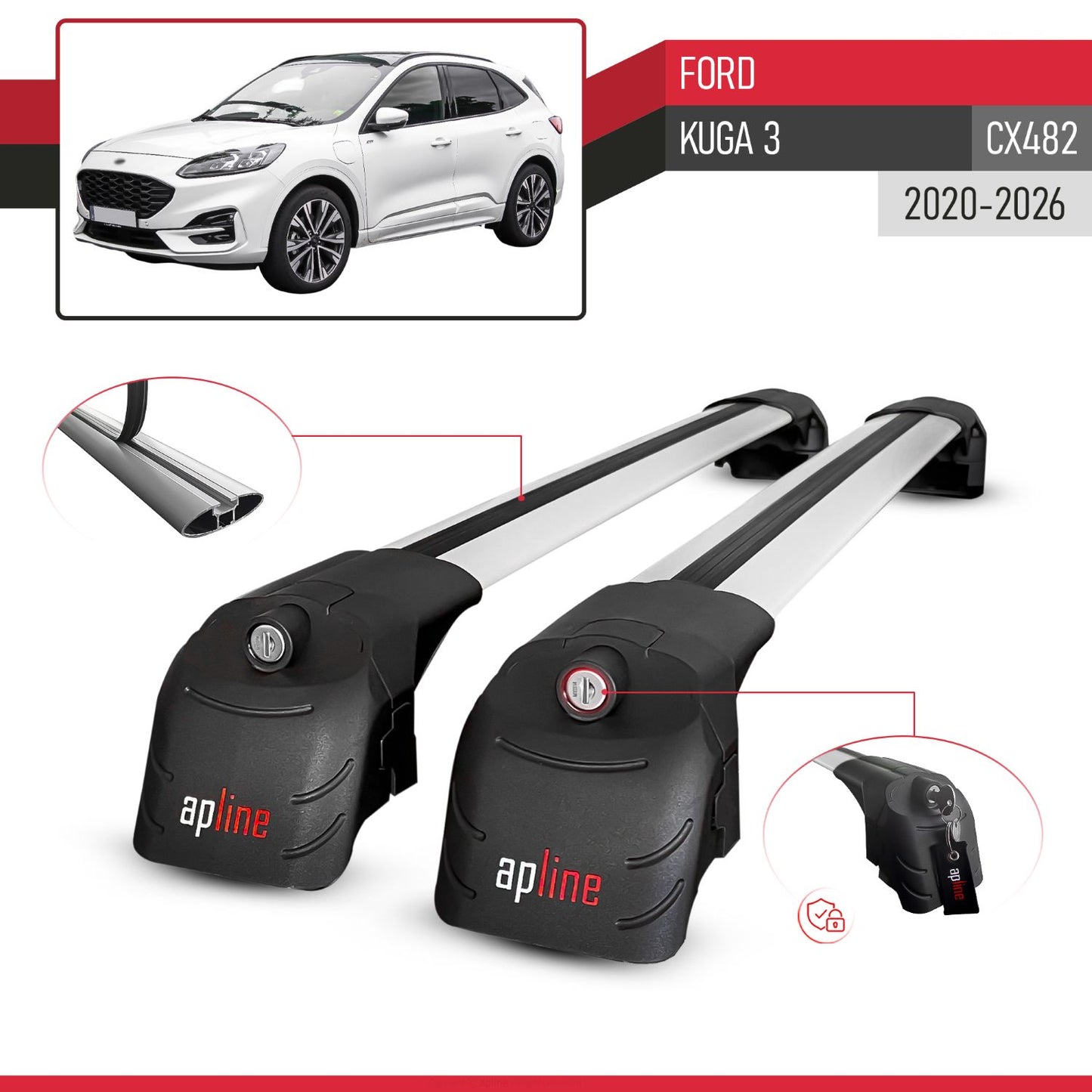 Compatible avec Ford Kuga 3 (CX482) 2020-2026 ACE-2 modèle Barres de Toit Railing Porte-Bagages de Voiture Gris Aluminium Barres