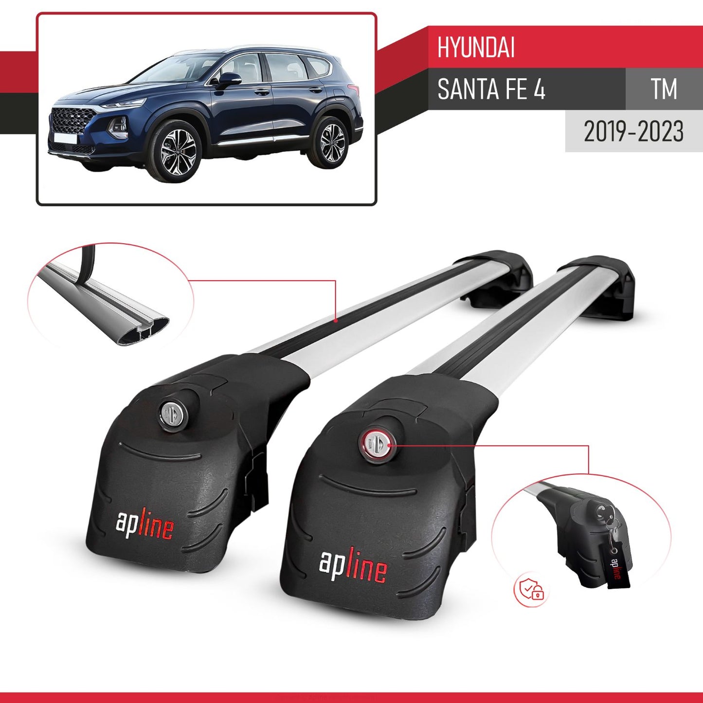 Kompatibel mit Hyundai Santa Fe 4 (TM) 2019-2023 ACE-2 Relingträger Dachträger Auto Gepäckträger Grau Aluminium 2 Stangen
