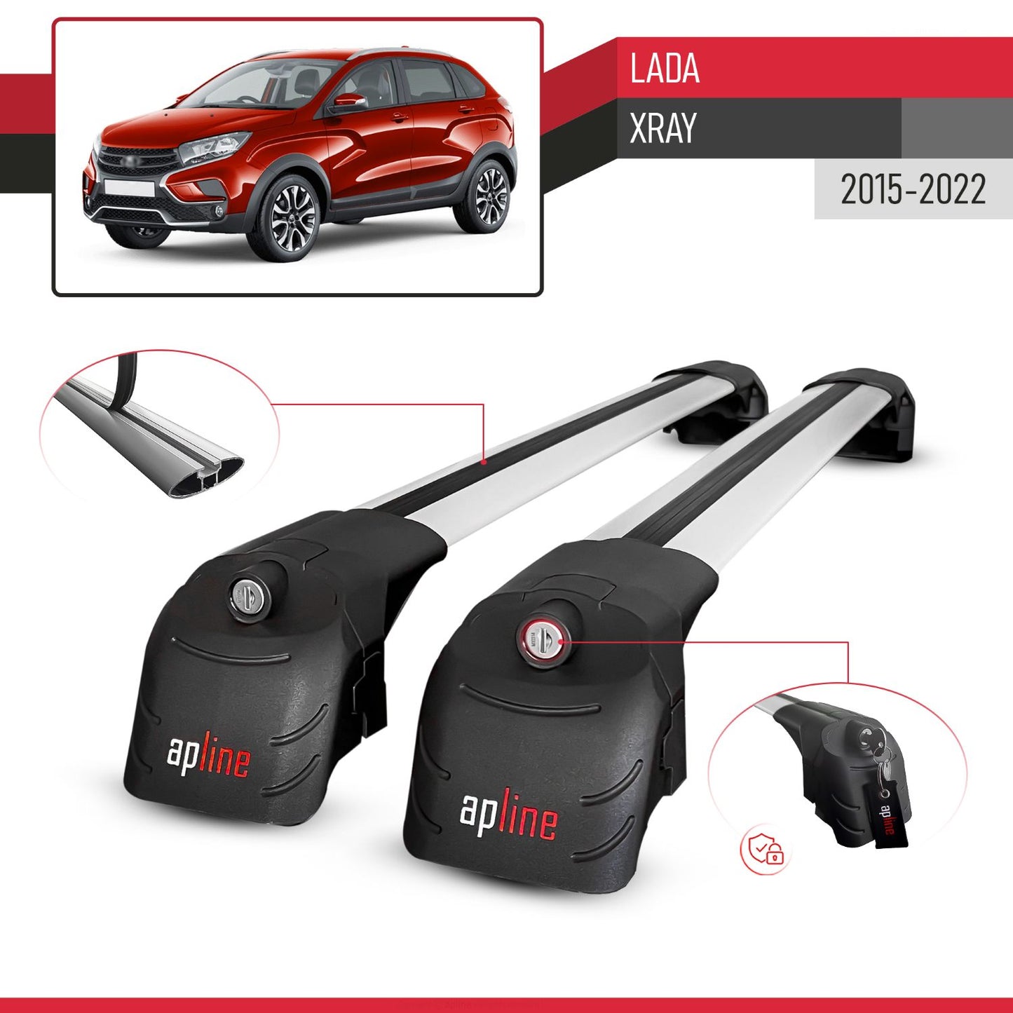 ACE-2 Dakdrager bagagedrager compatibel met Lada Xray 2015-2022 Spoorstaven Grijs Aluminium 2 Staven