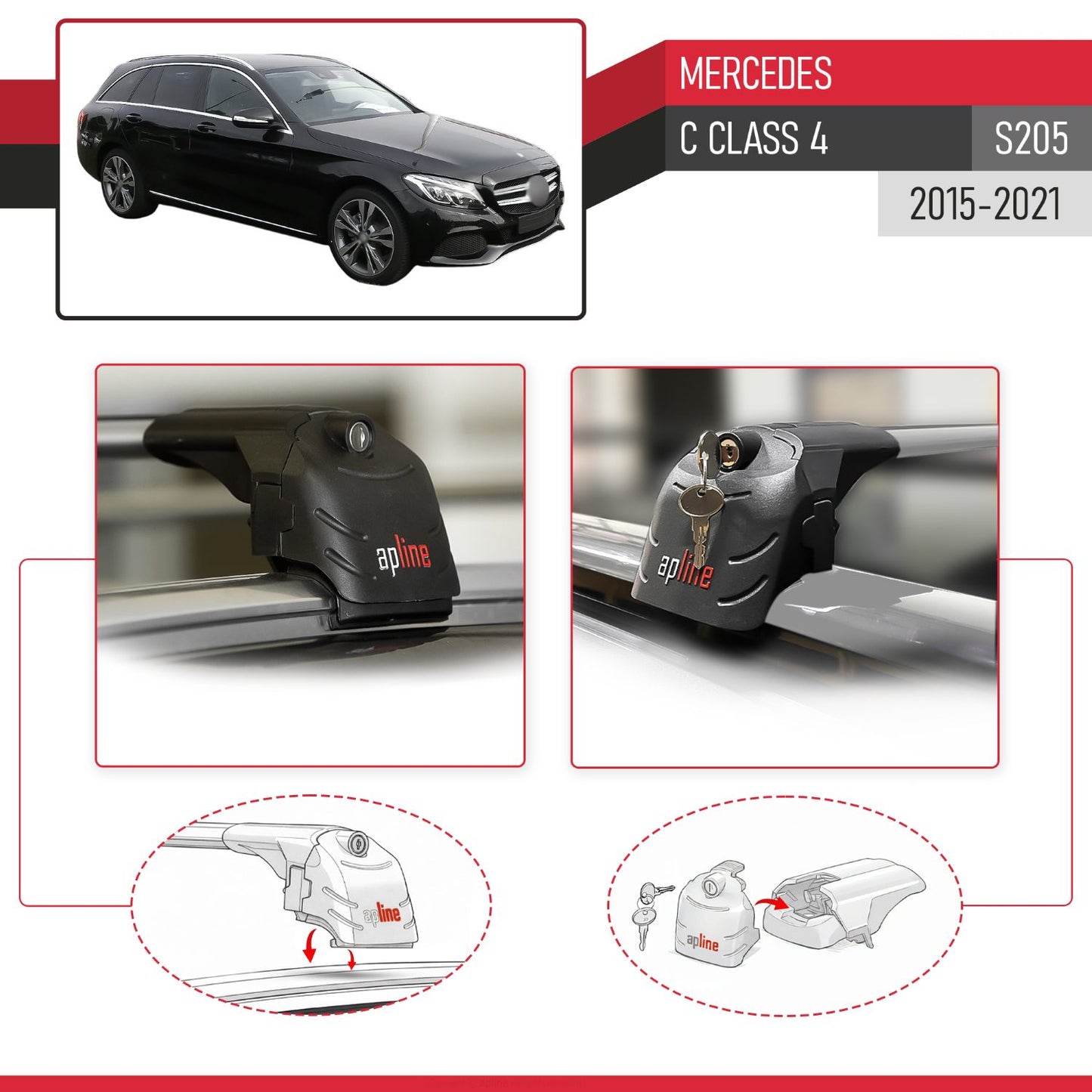 Kompatibel mit Mercedes C Klasse 4 (S205) 2015-2021 ACE-2 Relingträger Dachträger Auto Gepäckträger Grau Aluminium 2 Stangen