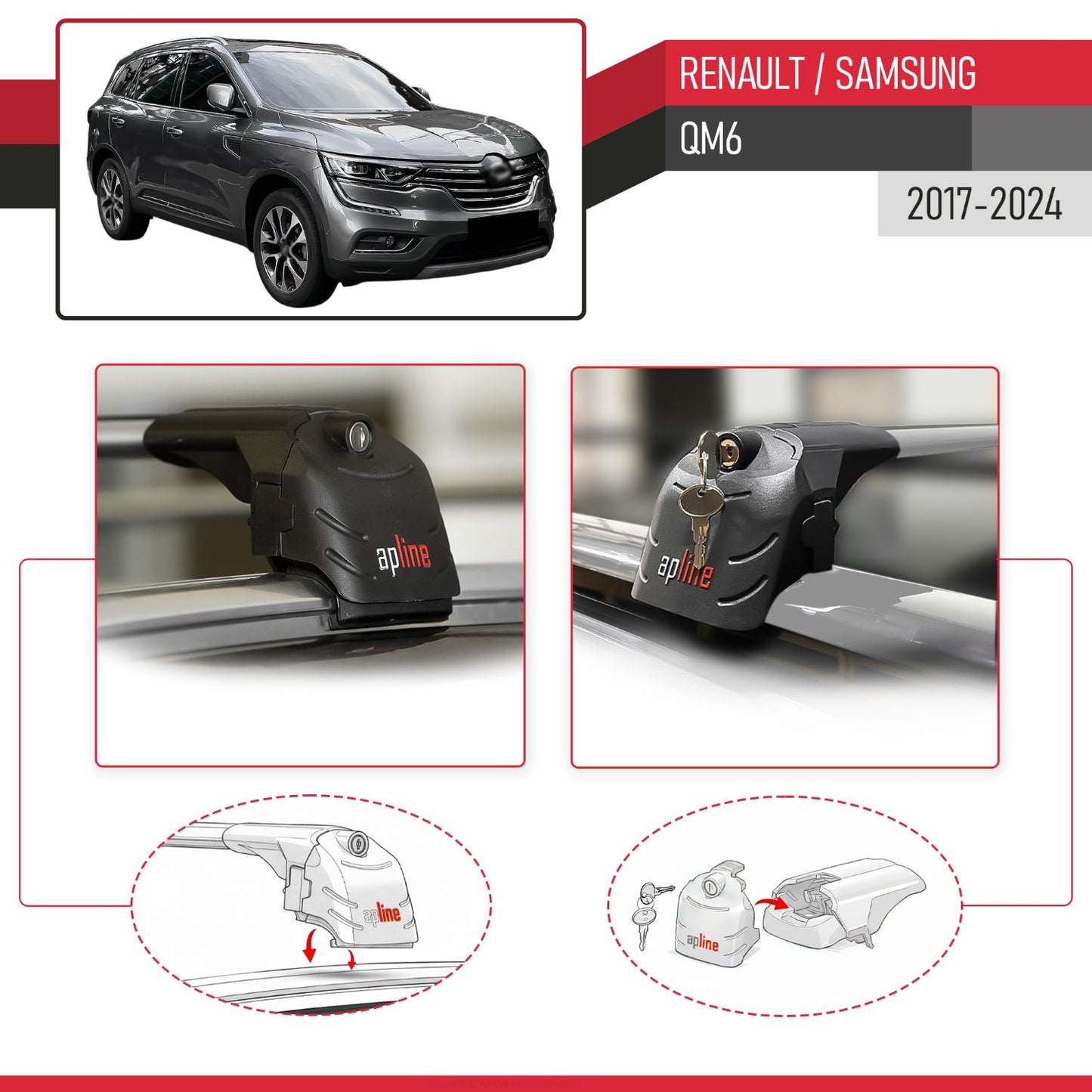 Compatible avec Renault Samsung QM6 2017-2024 ACE-2 modèle Barres de Toit Railing Porte-Bagages de Voiture Gris Aluminium Barres