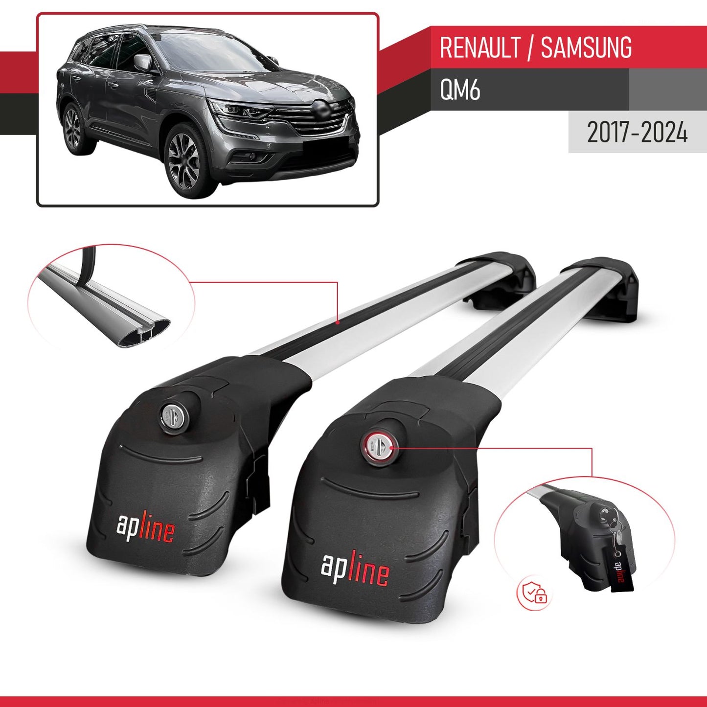 Compatible avec Renault Samsung QM6 2017-2024 ACE-2 modèle Barres de Toit Railing Porte-Bagages de Voiture Gris Aluminium Barres