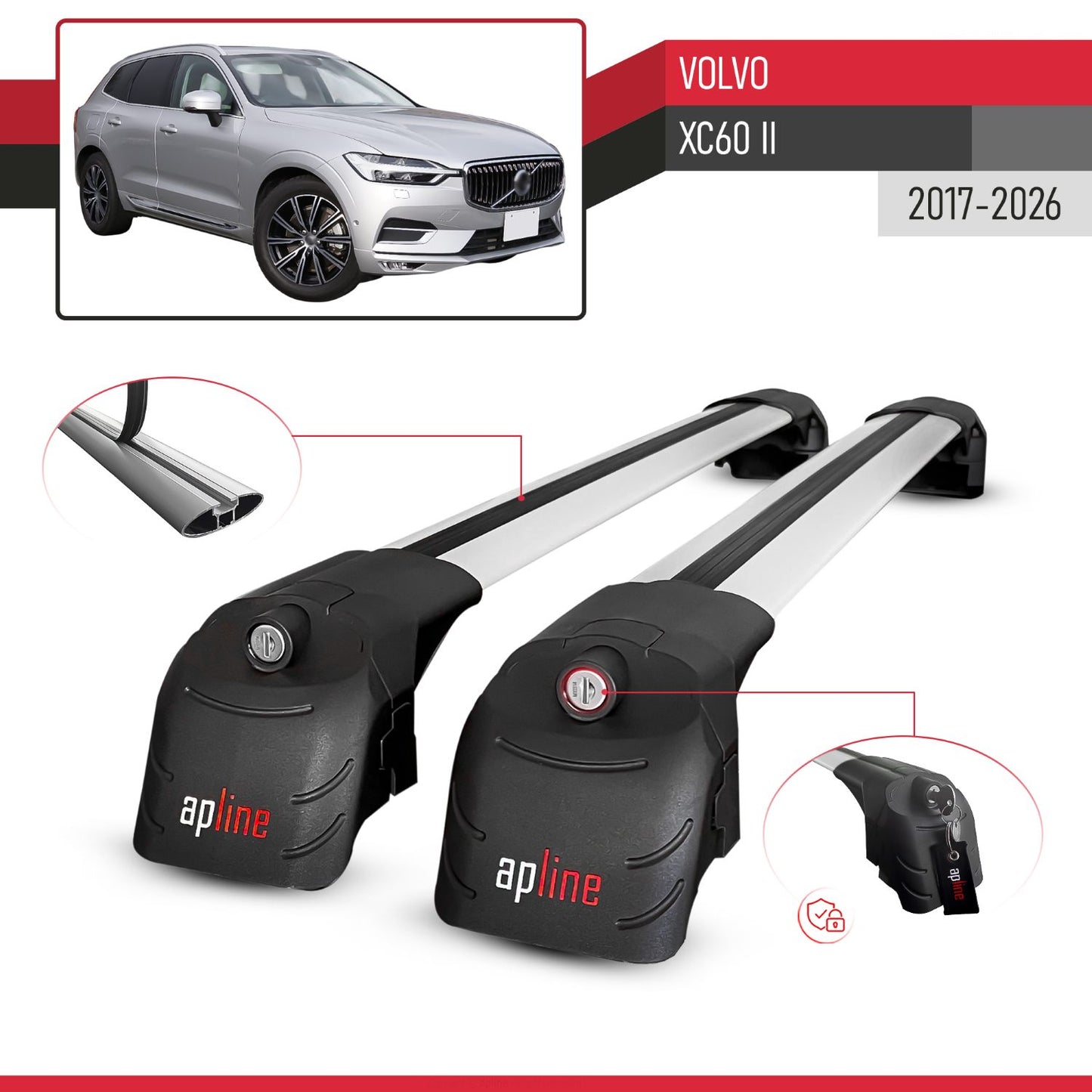 Compatible avec Volvo XC60 II 2017-2026 ACE-2 modèle Barres de Toit Railing Porte-Bagages de Voiture Gris Aluminium Barres