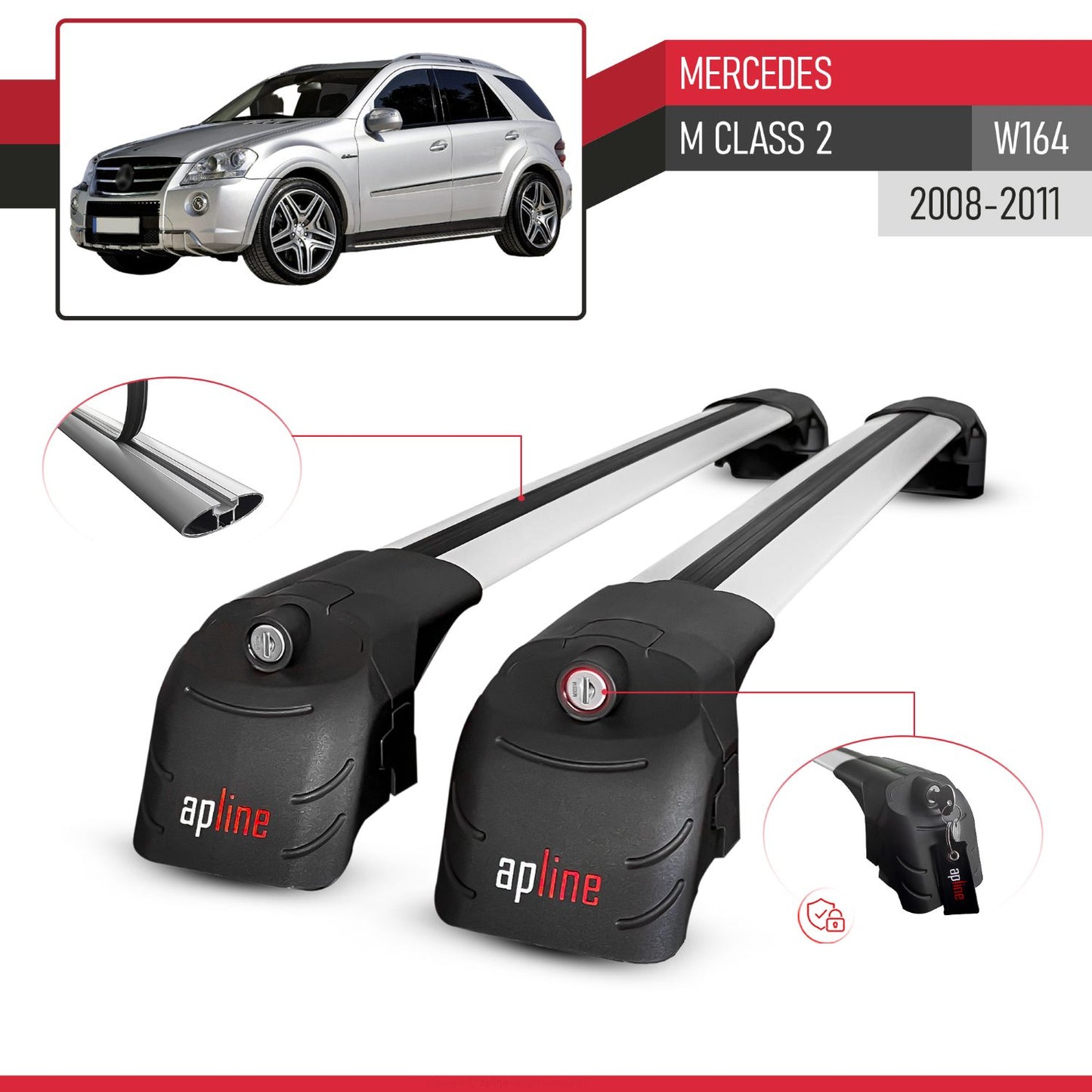 Compatibile con Mercedes Classe M 2 (W164) Post-Facelift 2008-2011 ACE-2 Barre Tetto Portapacchi Auto Barre Portatutto Grigo Alluminio 2 Barre