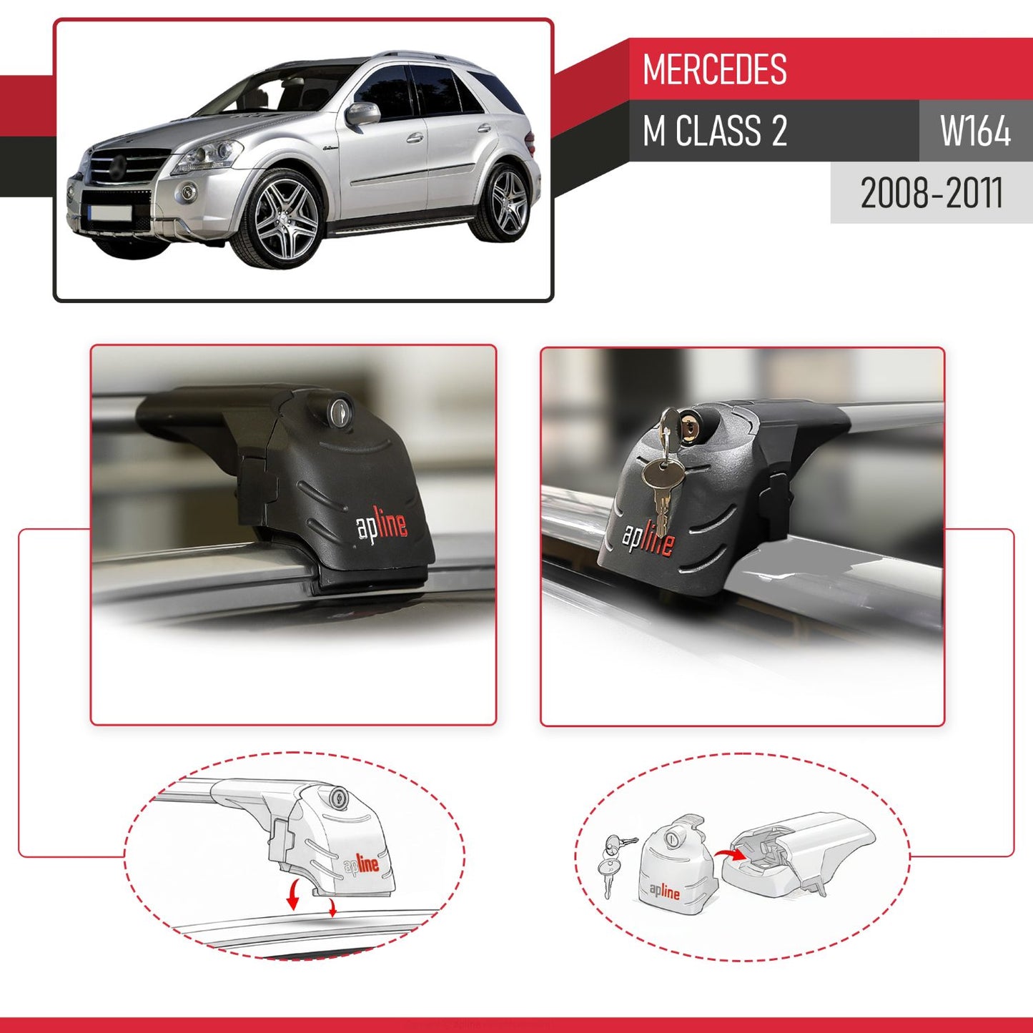 Compatibile con Mercedes Classe M 2 (W164) Post-Facelift 2008-2011 ACE-2 Barre Tetto Portapacchi Auto Barre Portatutto Grigo Alluminio 2 Barre