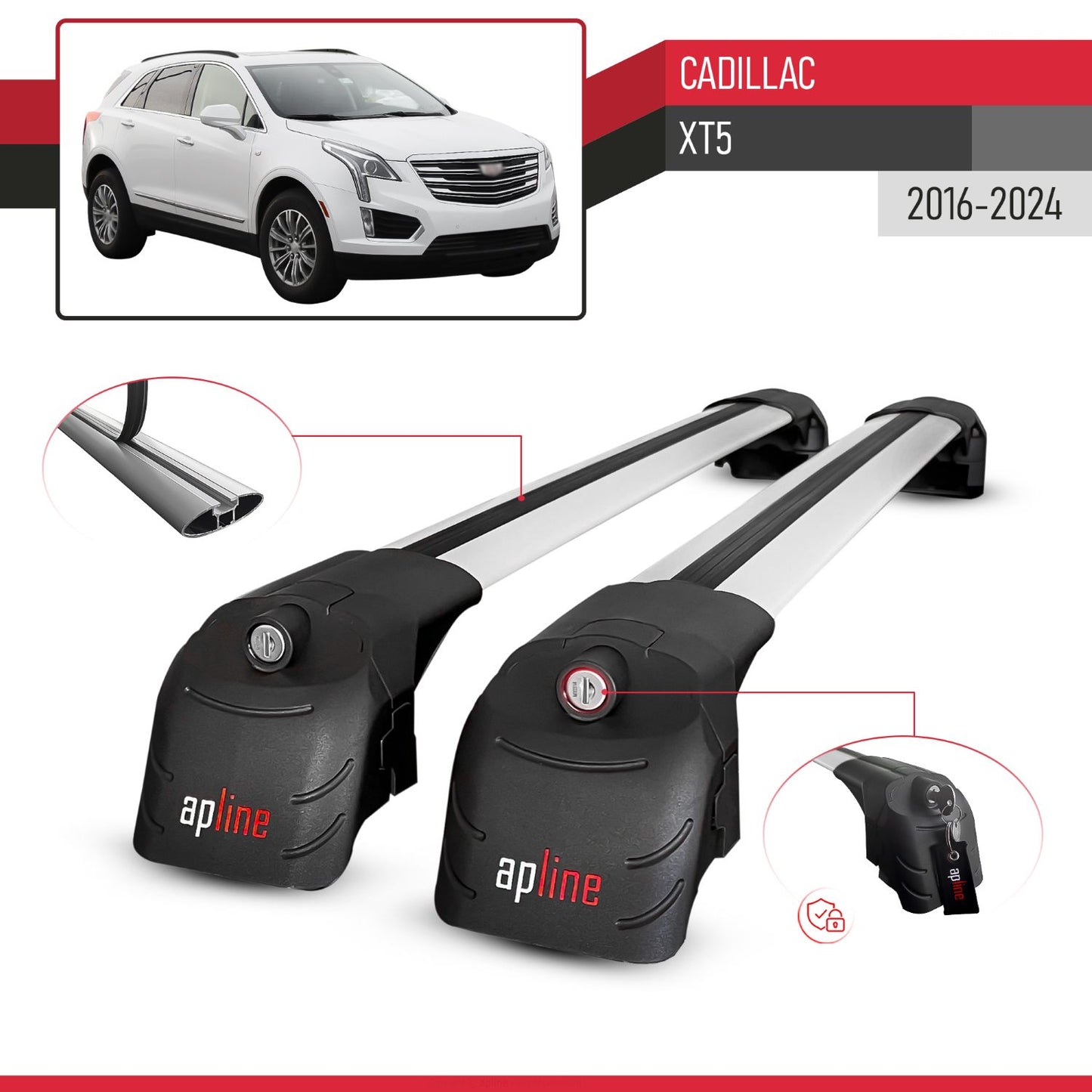 Compatible with Cadillac XT5 2017-2024 ACE-2 Car Roof Rack Cross Bar Grey Aluminium 2 Bars