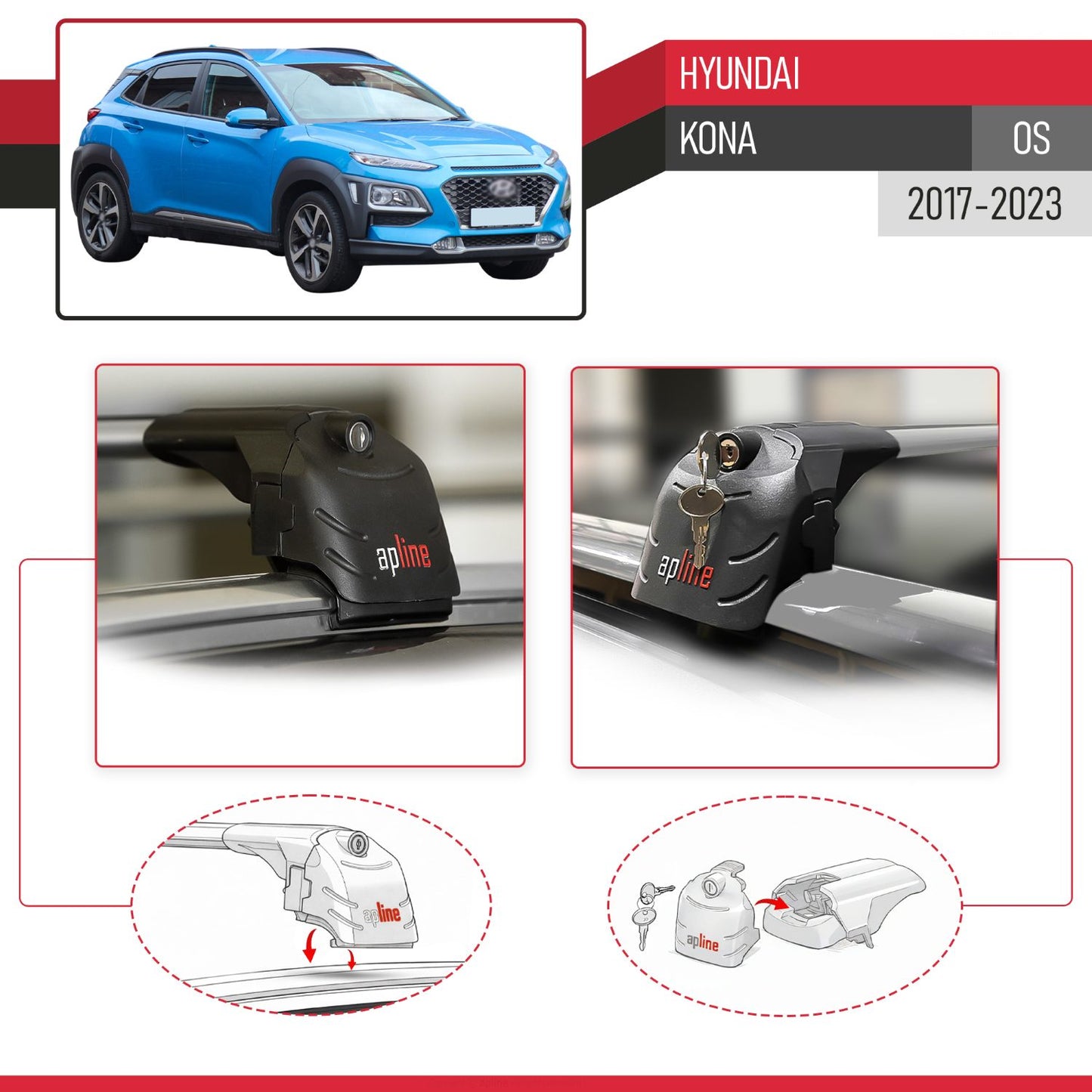 Compatibile con Hyundai Kona (OS) 2017-2022 ACE-2 Barre Tetto Portapacchi Auto Barre Portatutto Grigo Alluminio 2 Barre