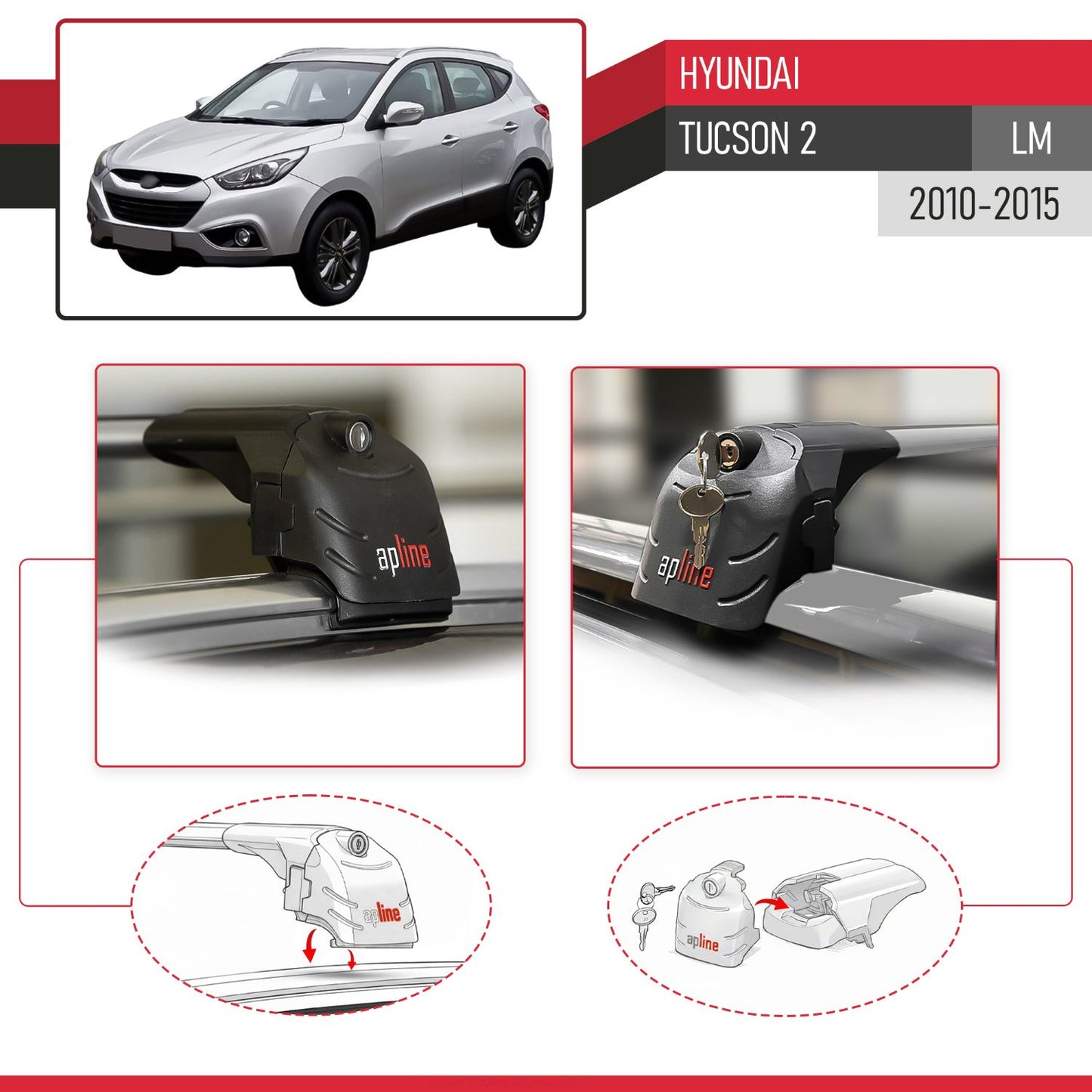 Compatible avec Hyundai Tucson 2 (LM) 2010-2015 ACE-2 modèle Barres de Toit Railing Porte-Bagages de Voiture Gris Aluminium Barres