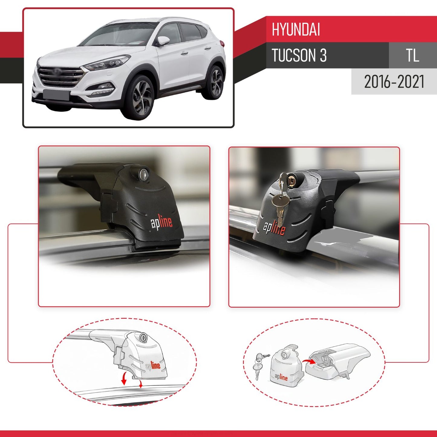 Kompatibel mit Hyundai Tucson 3 (TL) 2016-2021 ACE-2 Relingträger Dachträger Auto Gepäckträger Grau Aluminium 2 Stangen