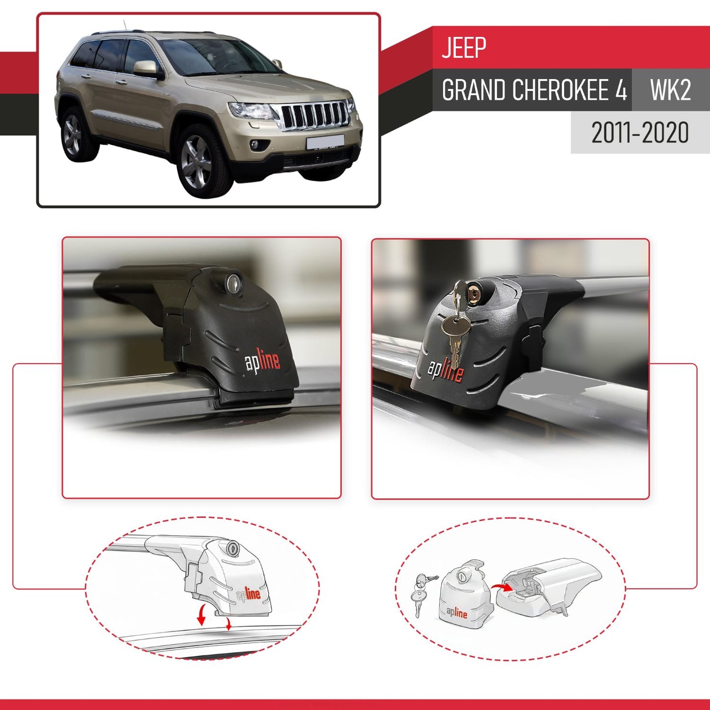 Compatible avec Jeep Grand Cherokee 4 (WK2) 2011-2020 ACE-2 modèle Barres de Toit Railing Porte-Bagages de Voiture Gris Aluminium Barres