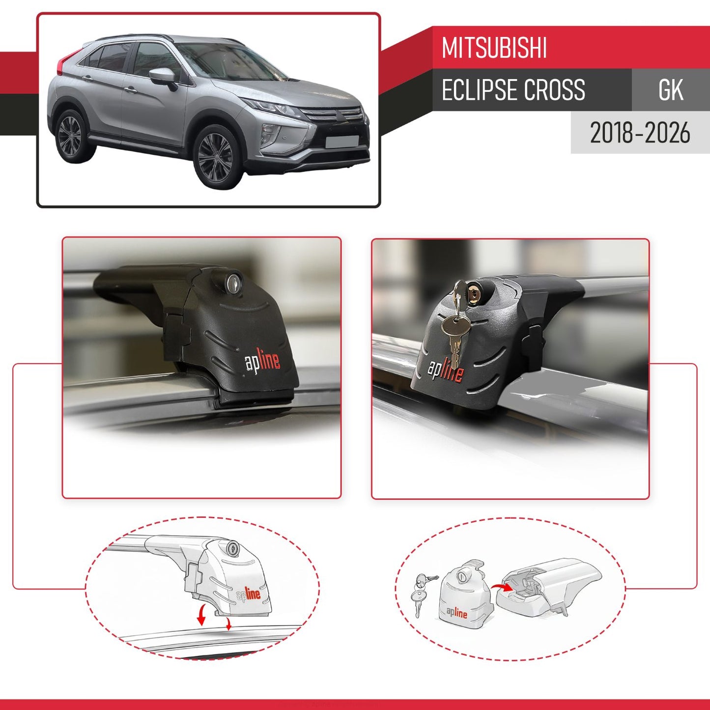 Compatible avec Mitsubishi Eclipse Cross (GK) 2018-2026 ACE-2 modèle Barres de Toit Railing Porte-Bagages de Voiture Gris Aluminium Barres
