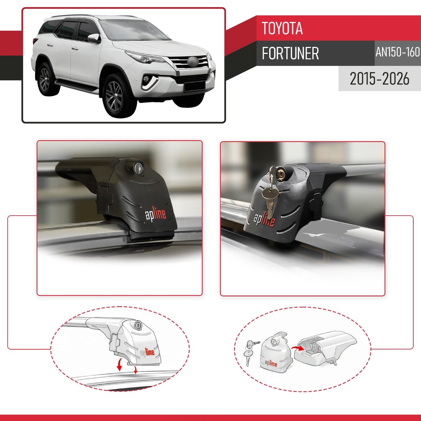 Compatible con Toyota Fortuner (AN160) 2015-2023 ACE-2 Barras de Techo Auto Portaequipajes Barras Transversales Gris Aluminio 2 Barras