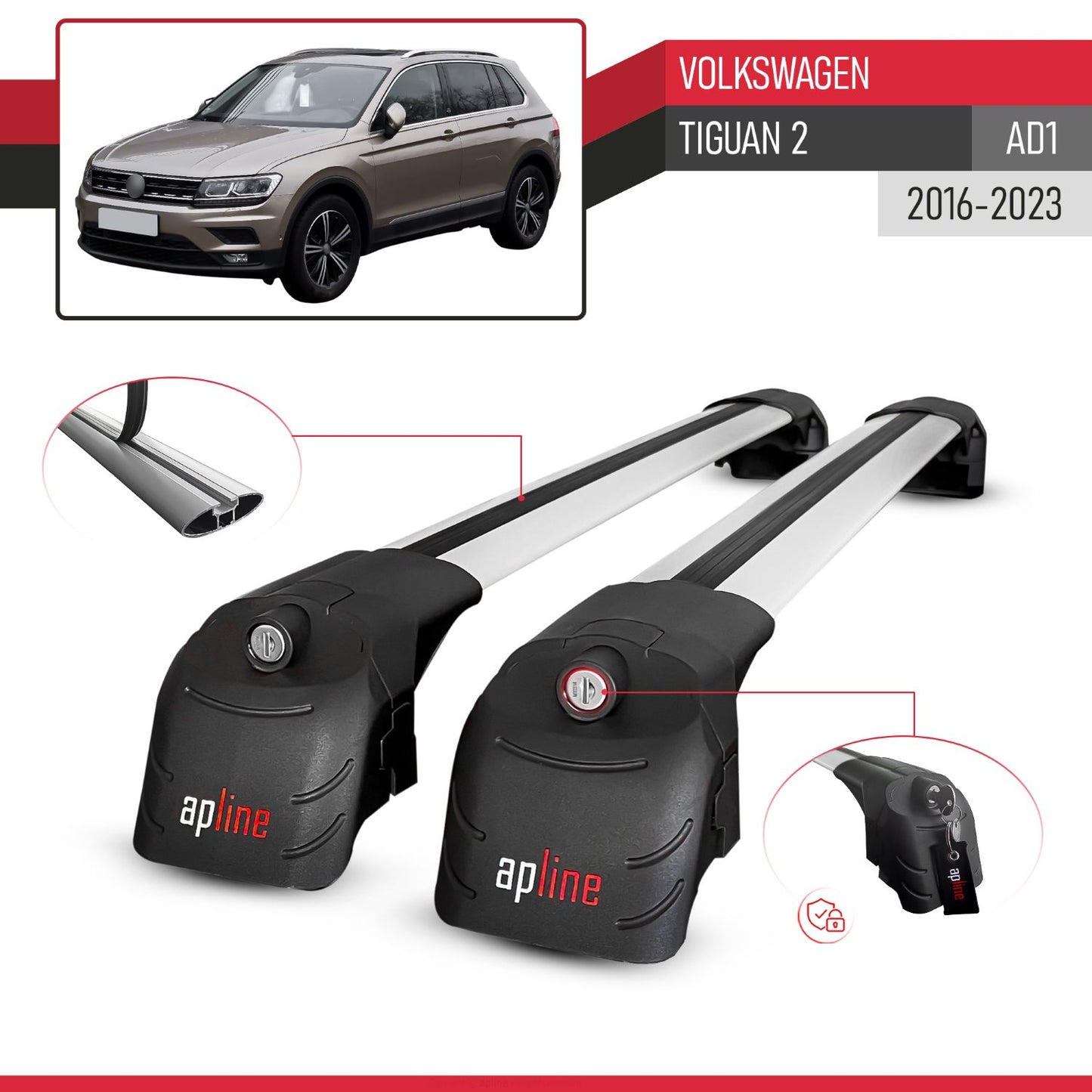 Compatible avec Volkswagen Tiguan 2 (AD1) 2016-2023 ACE-2 modèle Barres de Toit Railing Porte-Bagages de Voiture Gris Aluminium Barres