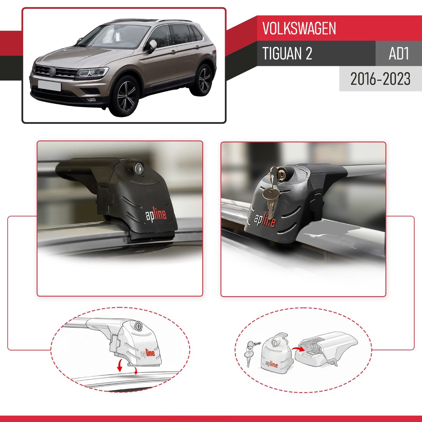 Compatible avec Volkswagen Tiguan 2 (AD1) 2016-2023 ACE-2 modèle Barres de Toit Railing Porte-Bagages de Voiture Gris Aluminium Barres