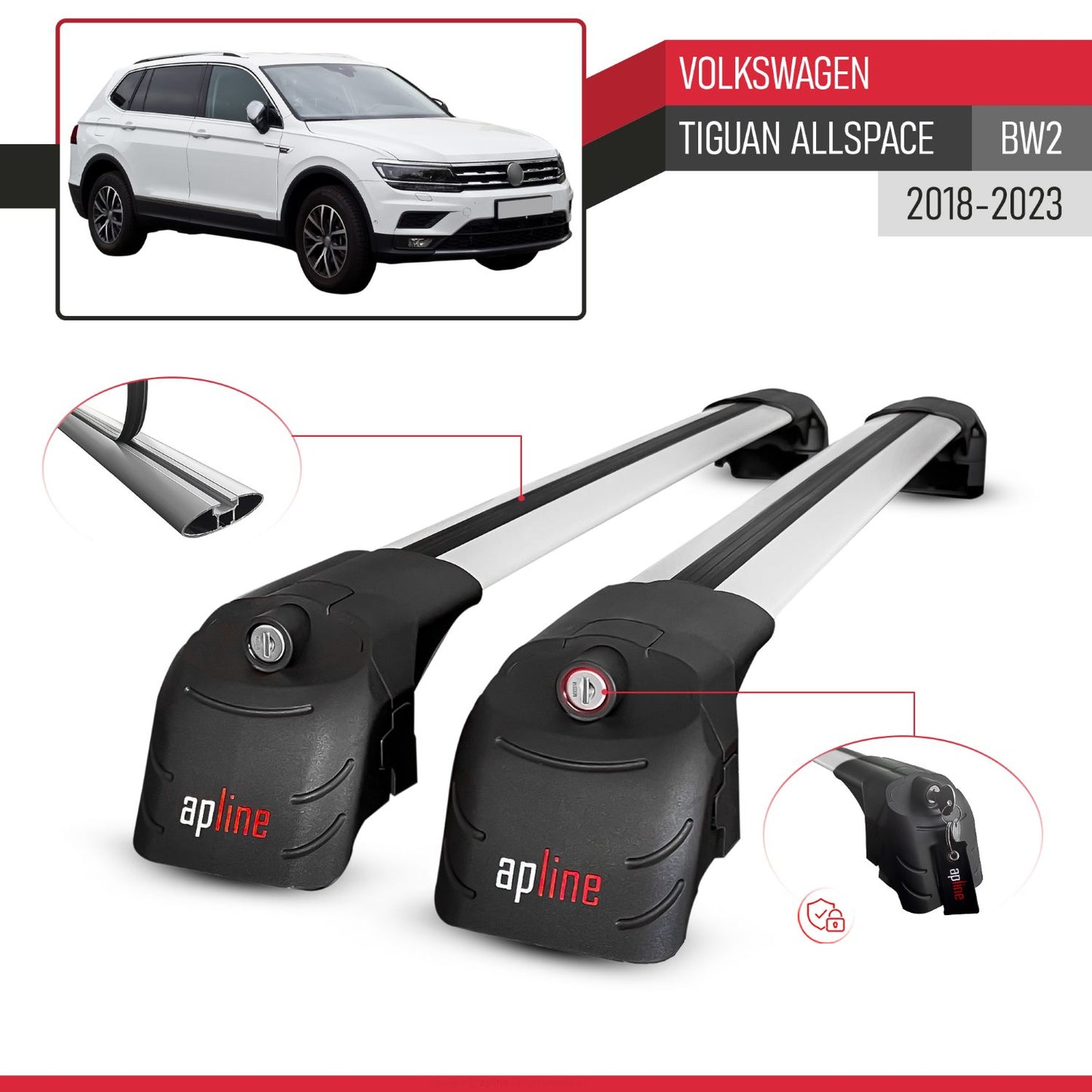 Compatible con Volkswagen Tiguan Allspace (BW) 2018-2023 ACE-2 Barras de Techo Auto Portaequipajes Barras Transversales Gris Aluminio 2 Barras