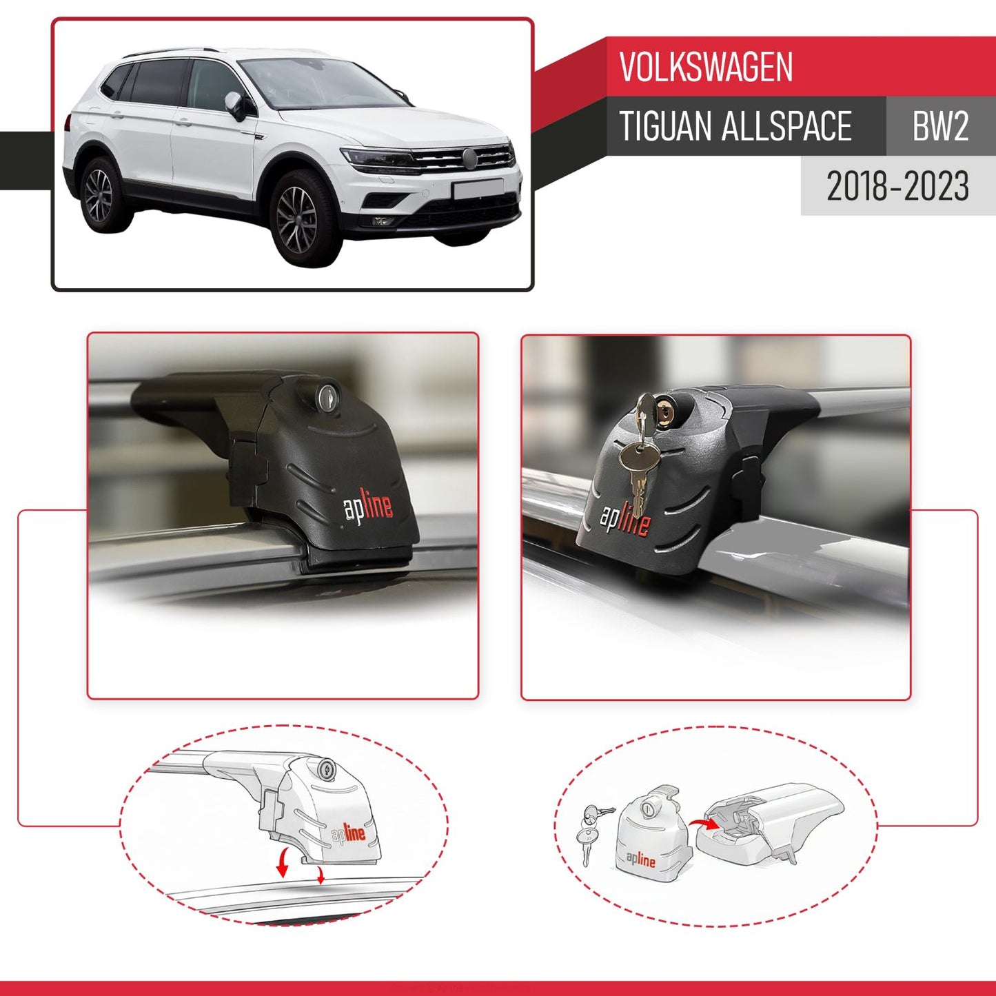 Compatible con Volkswagen Tiguan Allspace (BW) 2018-2023 ACE-2 Barras de Techo Auto Portaequipajes Barras Transversales Gris Aluminio 2 Barras
