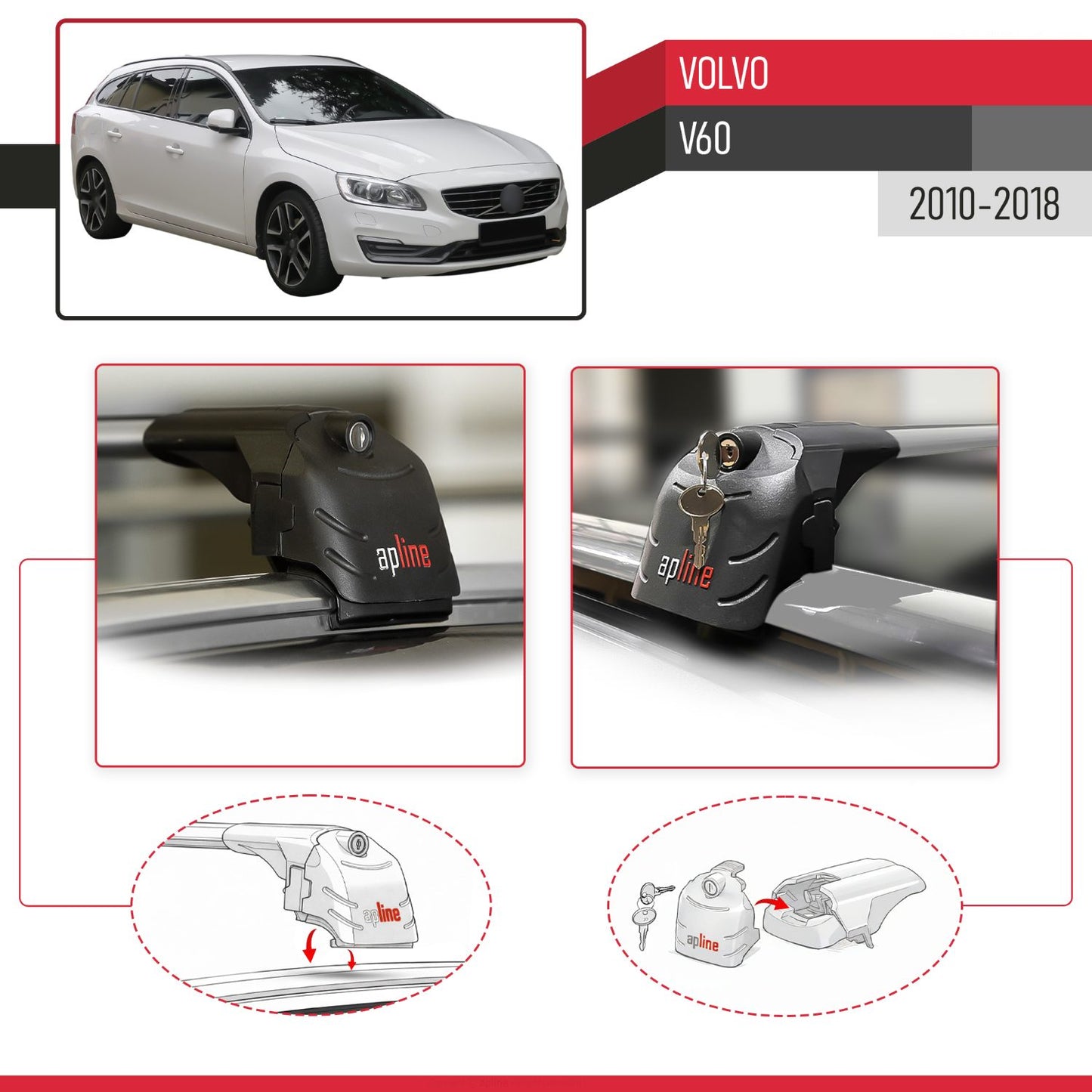 Kompatibel mit Volvo V60 2011-2018 ACE-2 Relingträger Dachträger Auto Gepäckträger Grau Aluminium 2 Stangen