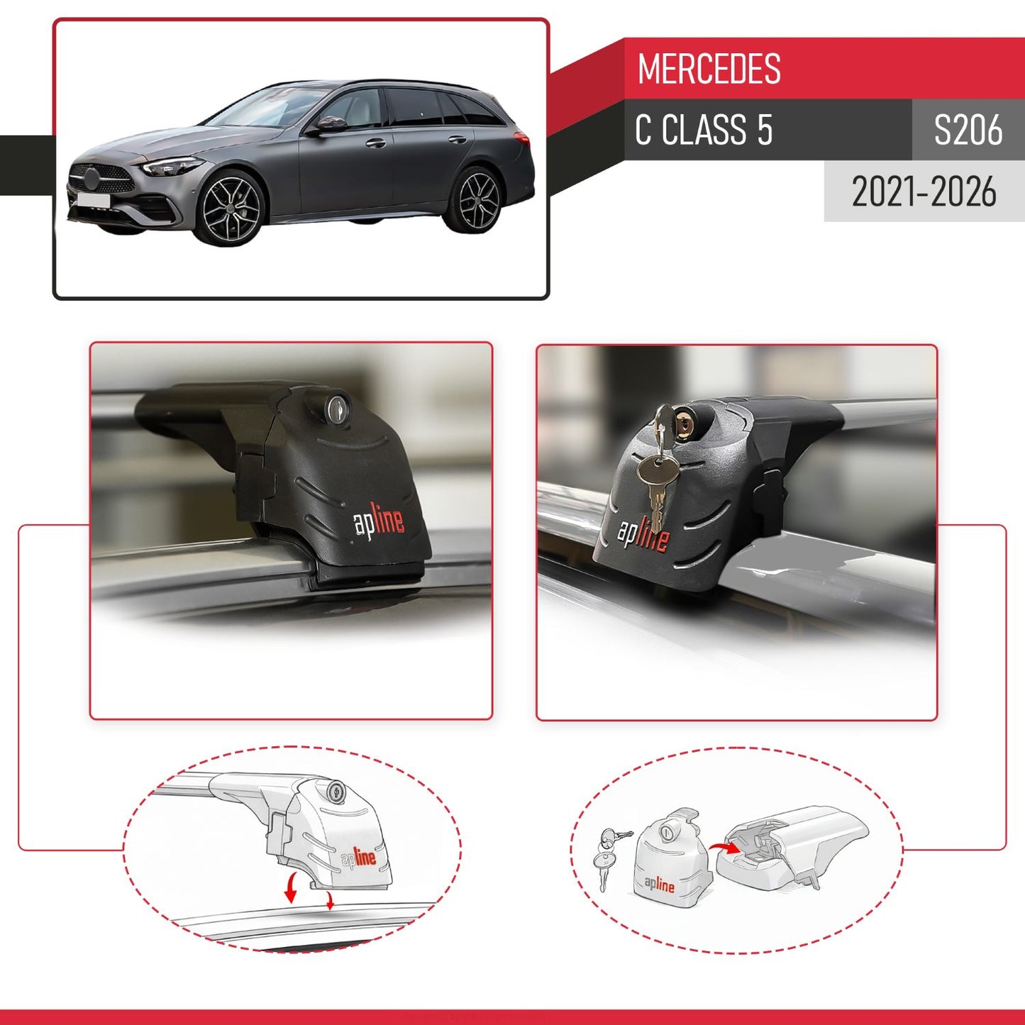 Compatible avec Mercedes C Class 5 (S206) 2021-2026 ACE-2 modèle Barres de Toit Railing Porte-Bagages de Voiture Gris Aluminium Barres