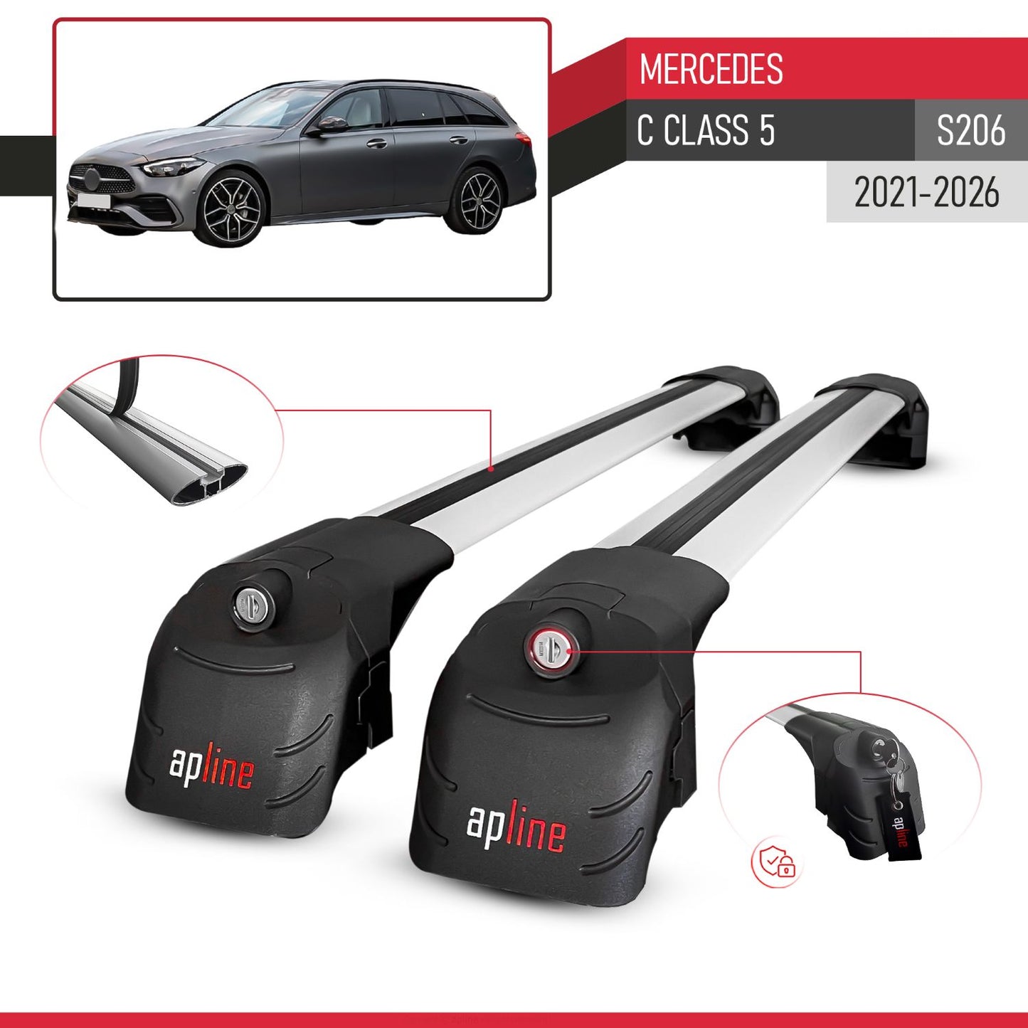 Compatible avec Mercedes C Class 5 (S206) 2021-2026 ACE-2 modèle Barres de Toit Railing Porte-Bagages de Voiture Gris Aluminium Barres
