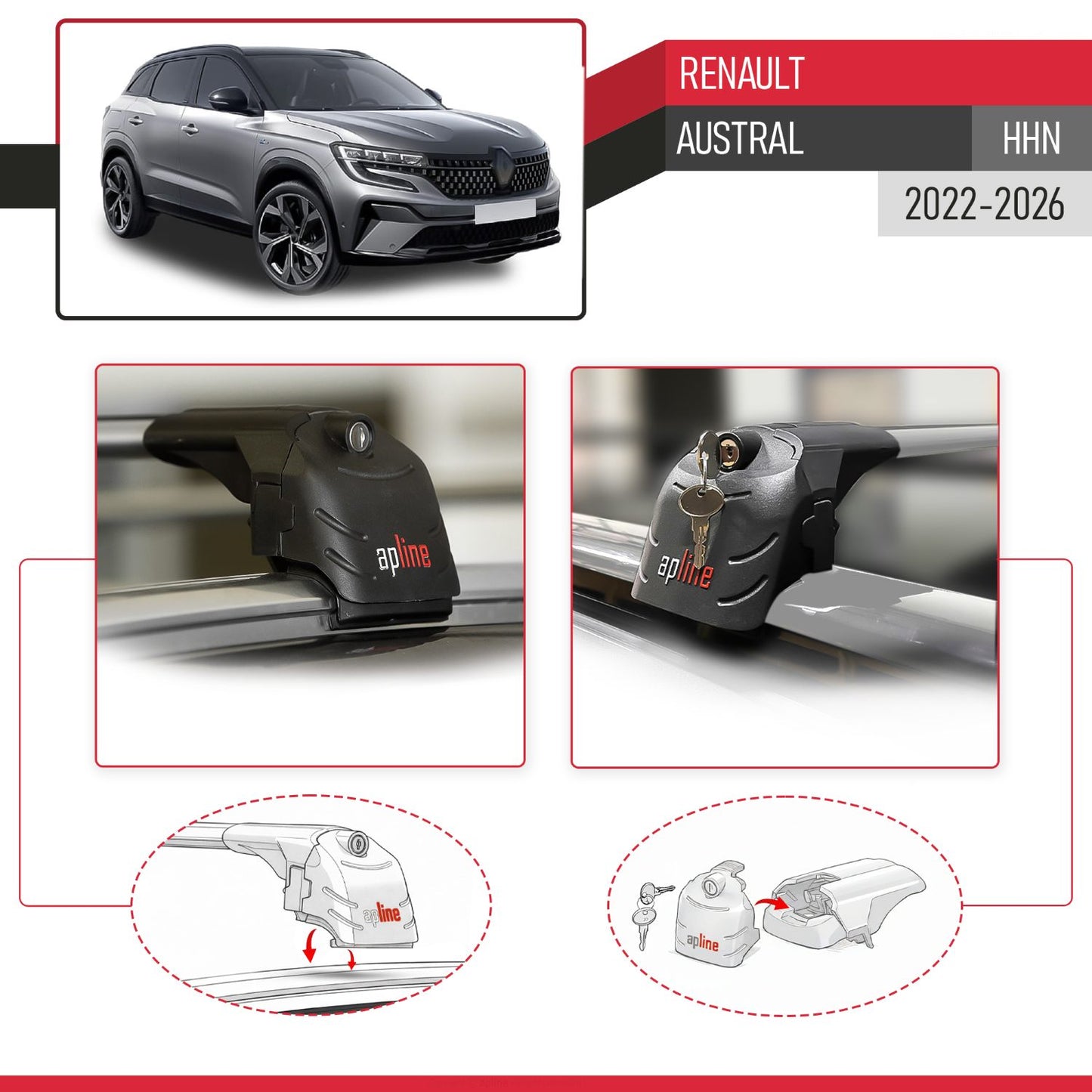 Compatible avec Renault Austral (HHN) 2022-2026 ACE-2 modèle Barres de Toit Railing Porte-Bagages de Voiture Gris Aluminium Barres
