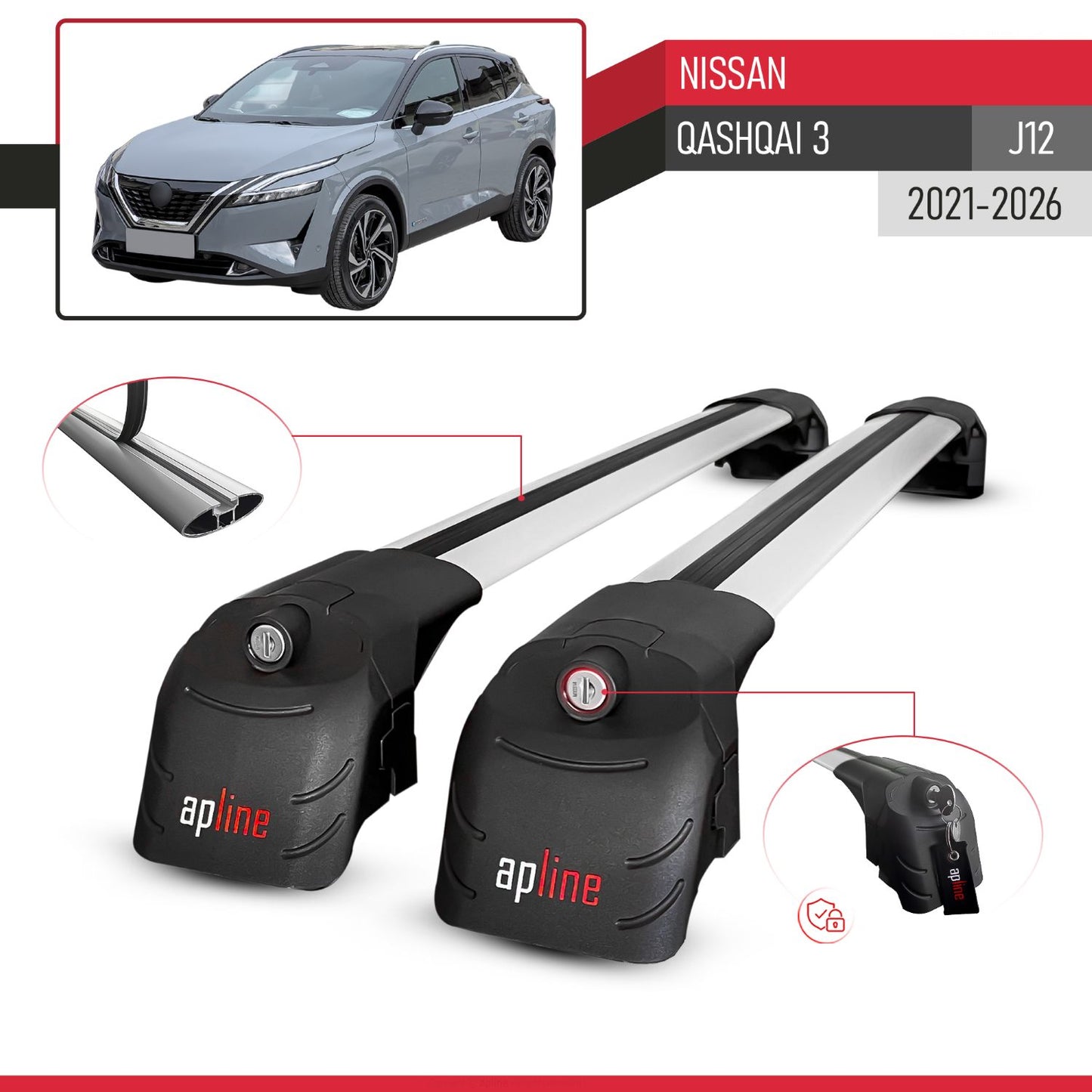 ACE-2 Dakdrager bagagedrager compatibel met Nissan Qashqai 3 (J12) 2022-2025 Spoorstaven Grijs Aluminium 2 Staven