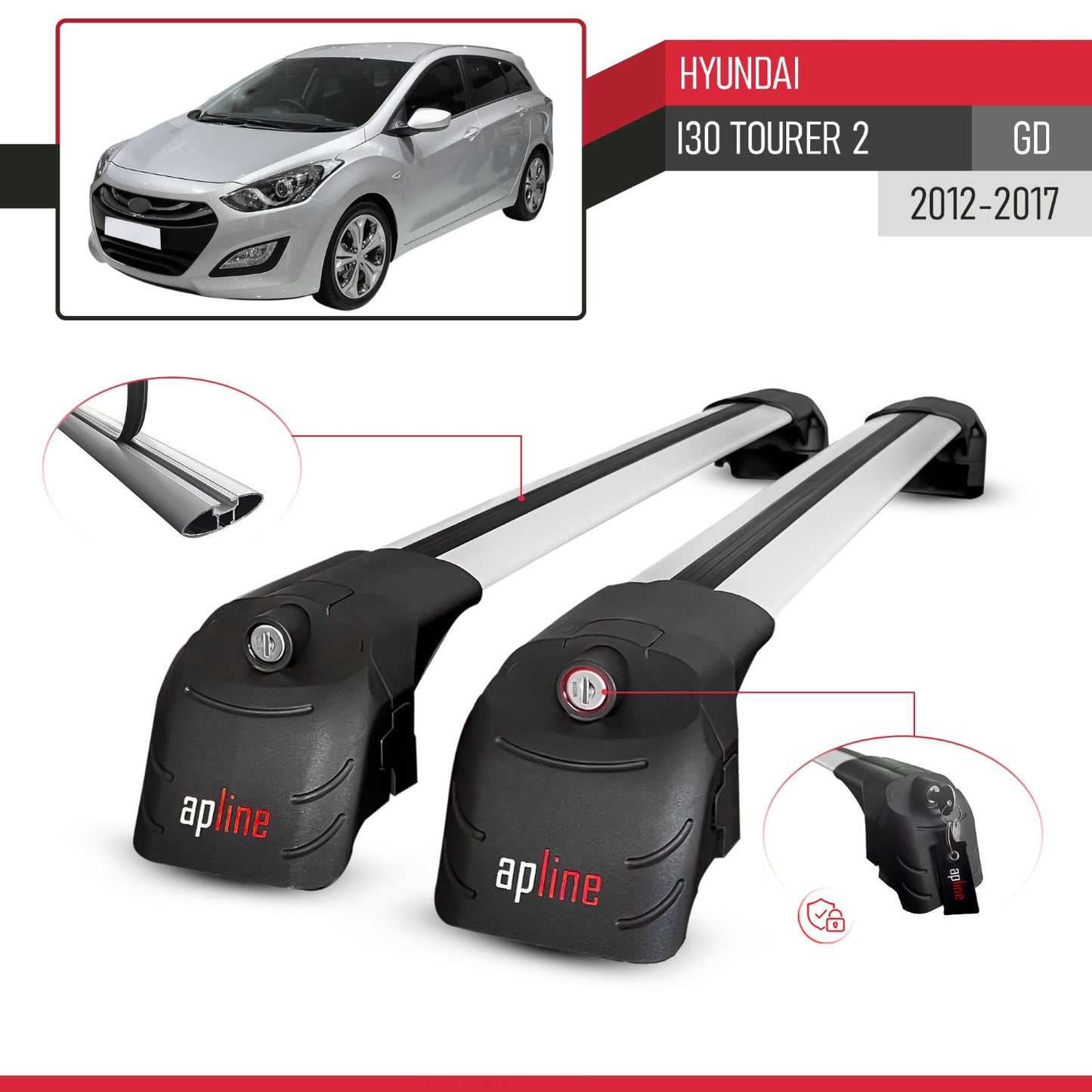 Compatible avec Hyundai i30 Tourer 2 (GD) 2012-2017 ACE-2 modèle Barres de Toit Railing Porte-Bagages de Voiture Gris Aluminium Barres