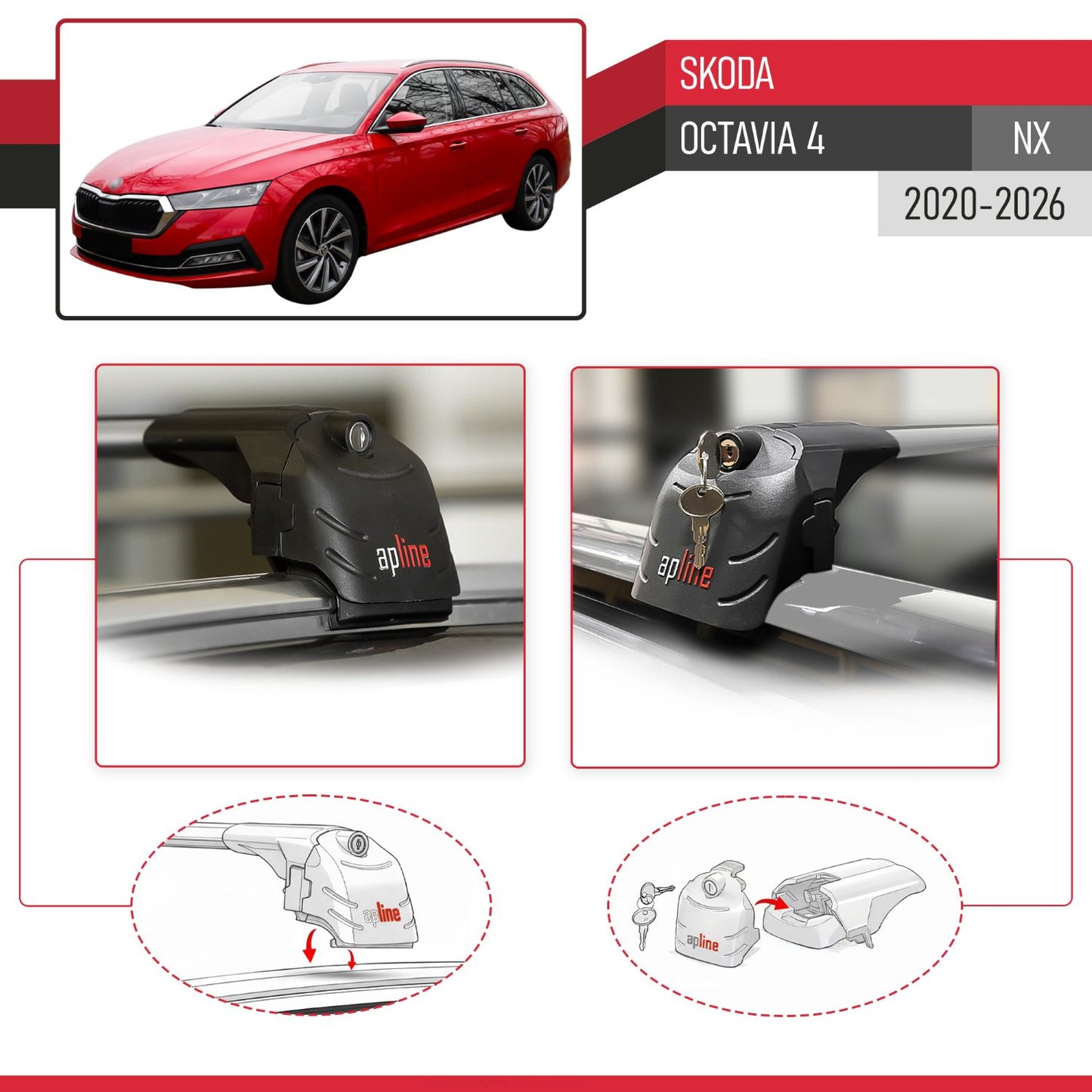 ACE-2 Dakdrager bagagedrager compatibel met Skoda Octavia 4 (NX) 2020-2025 Spoorstaven Grijs Aluminium 2 Staven