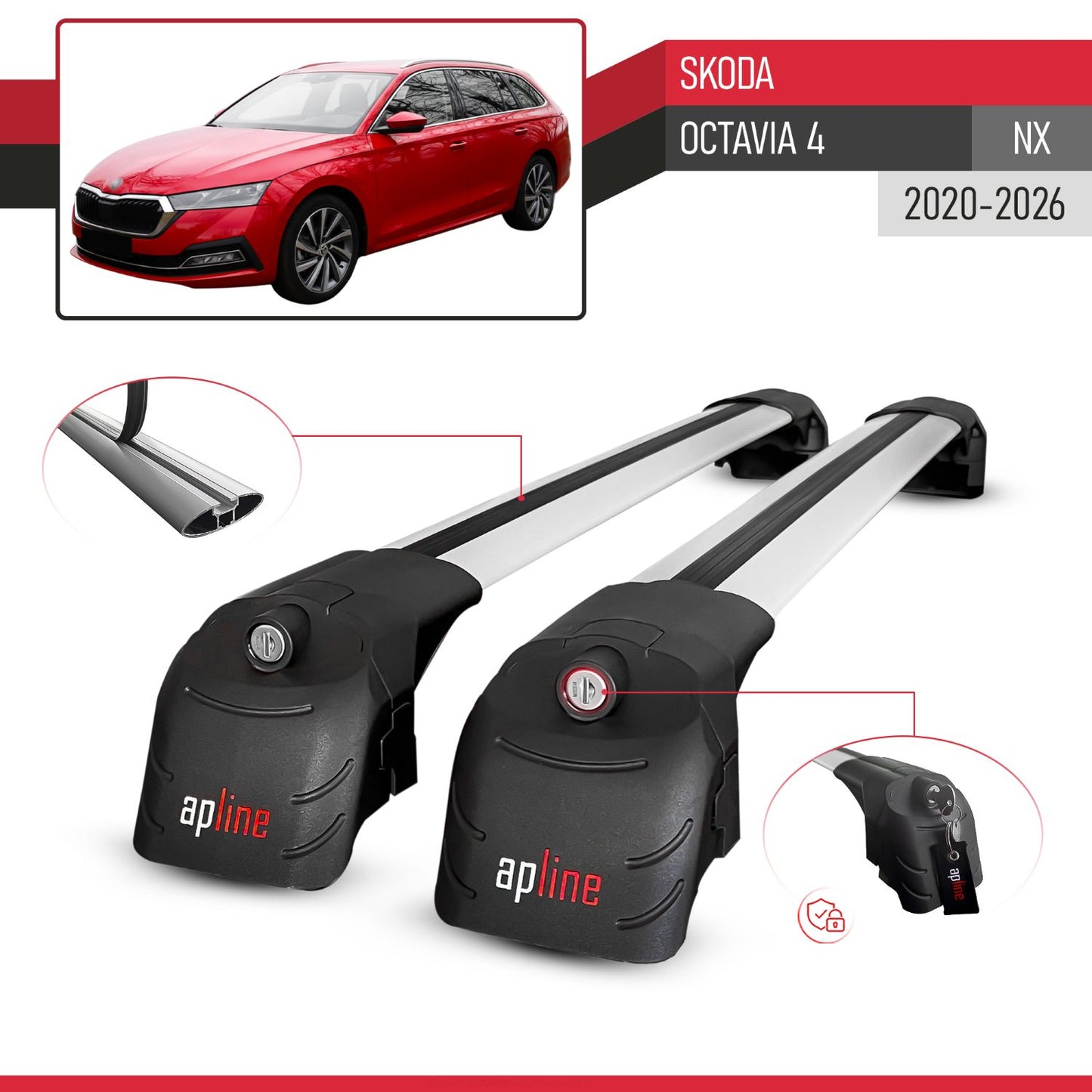 ACE-2 Dakdrager bagagedrager compatibel met Skoda Octavia 4 (NX) 2020-2025 Spoorstaven Grijs Aluminium 2 Staven