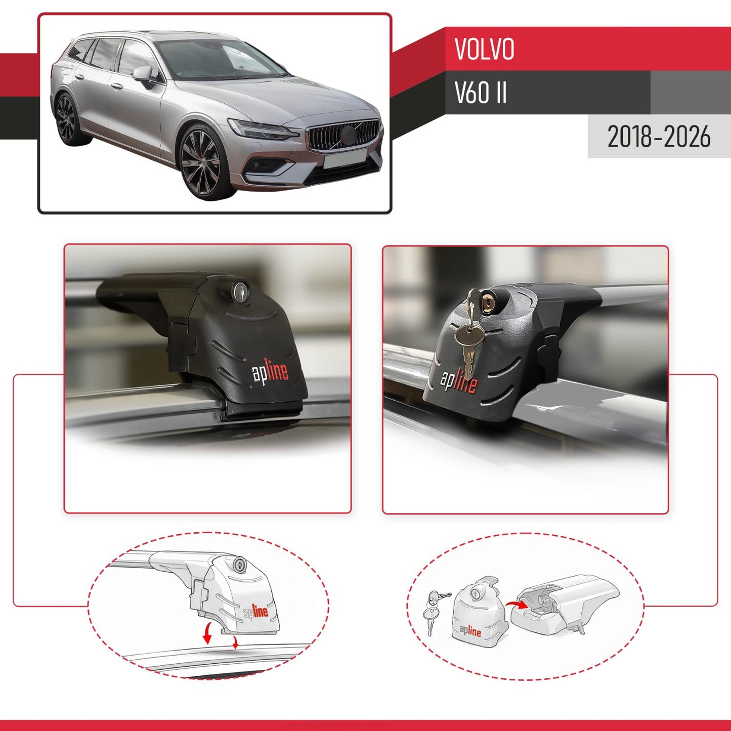 Kompatibel mit Volvo V60 II 2019-2025 ACE-2 Relingträger Dachträger Auto Gepäckträger Grau Aluminium 2 Stangen
