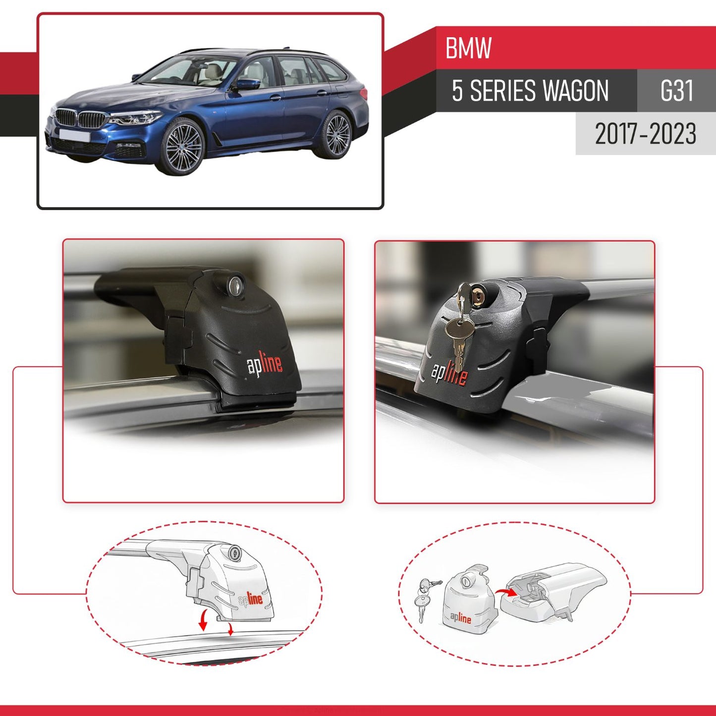 Compatible avec BMW 5 Series (G31) Wagon 2017-2023 ACE-2 modèle Barres de Toit Railing Porte-Bagages de Voiture Gris Aluminium Barres