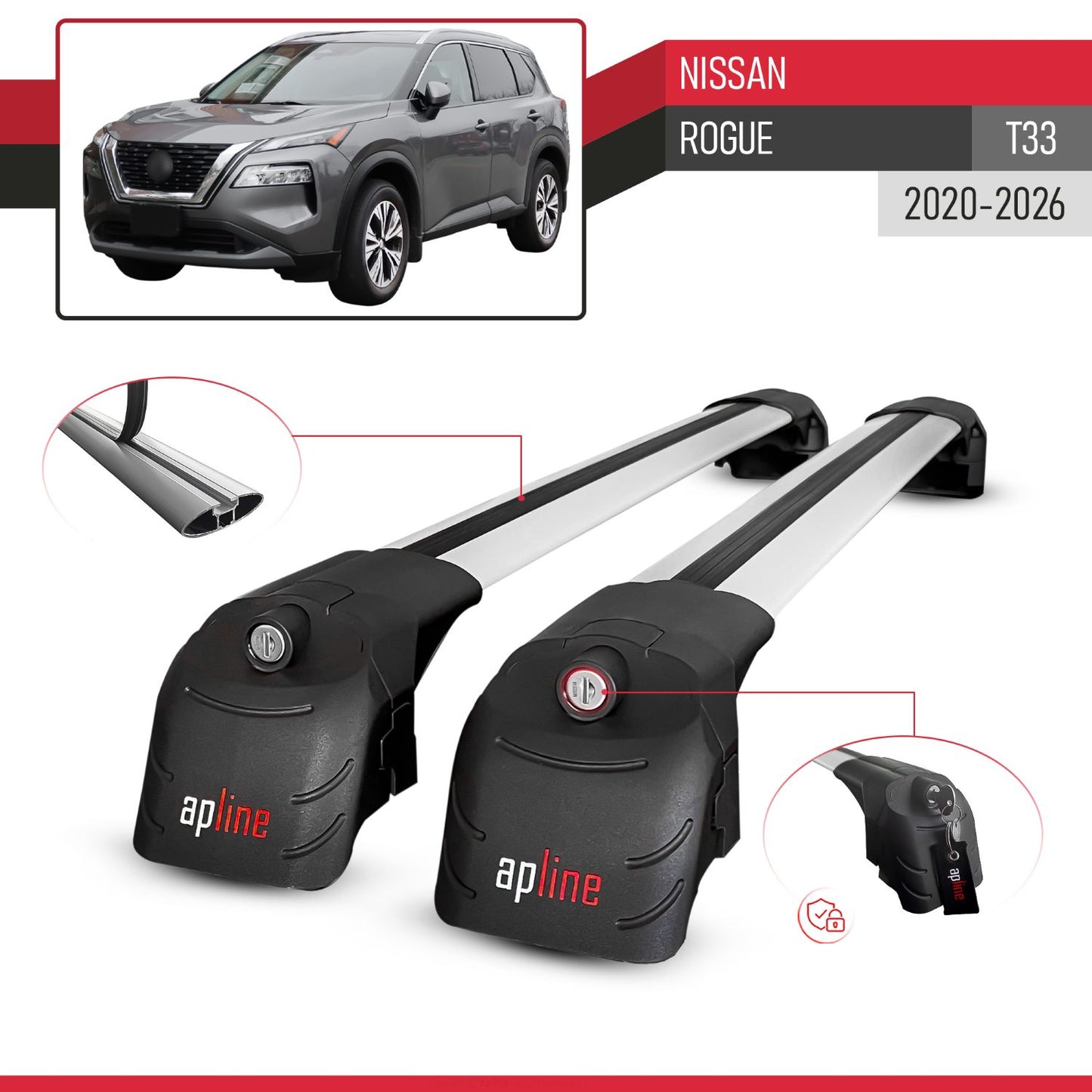ACE-2 Dakdrager bagagedrager compatibel met Nissan Rogue 2020-2022 Spoorstaven Grijs Aluminium 2 Staven