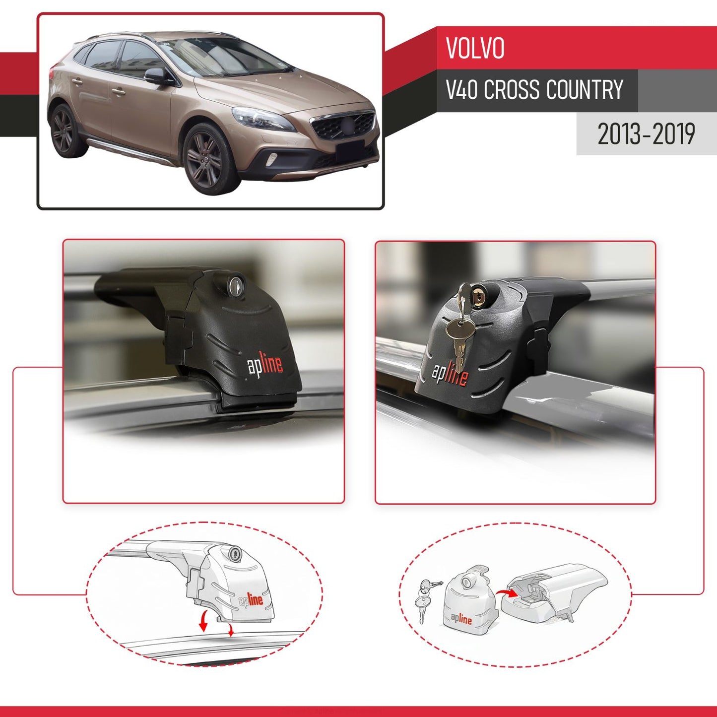Kompatibel mit Volvo V40 Cross Country 2013-2018 ACE-2 Relingträger Dachträger Auto Gepäckträger Grau Aluminium 2 Stangen